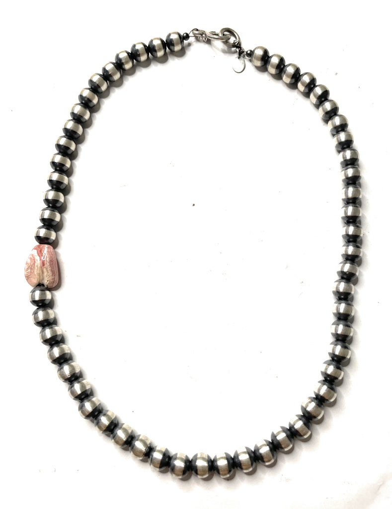 Navajo Sterling Silver And Rhodochrosite 8mm Beaded Necklace 18” NT jewelry Nizhoni Traders LLC   