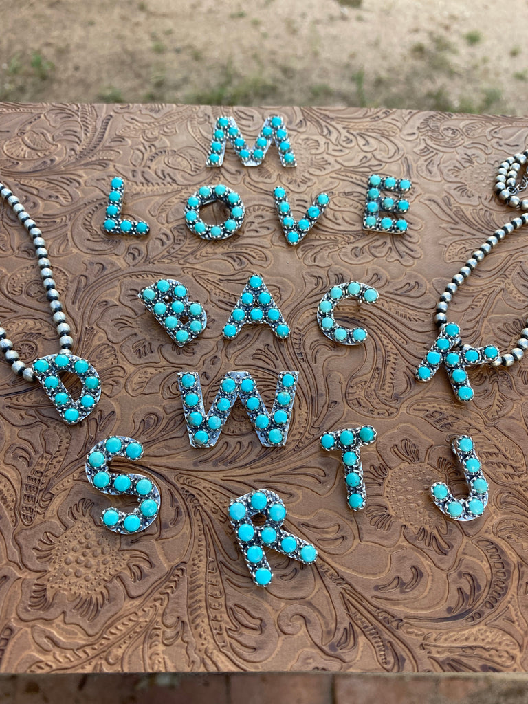 Natural Kingman Turquoise Sterling Silver Letter Necklace NT jewelry Nizhoni Traders LLC   