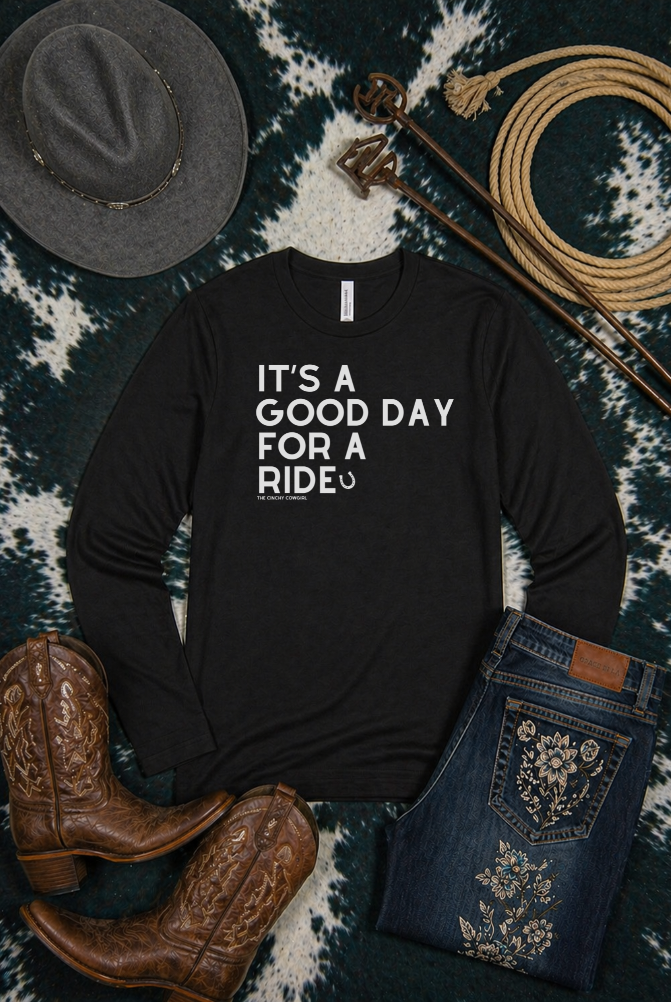 It's A Good Day For A Ride Long Sleeve Tee Long-sleeve The Cinchy Cowgirl - Print