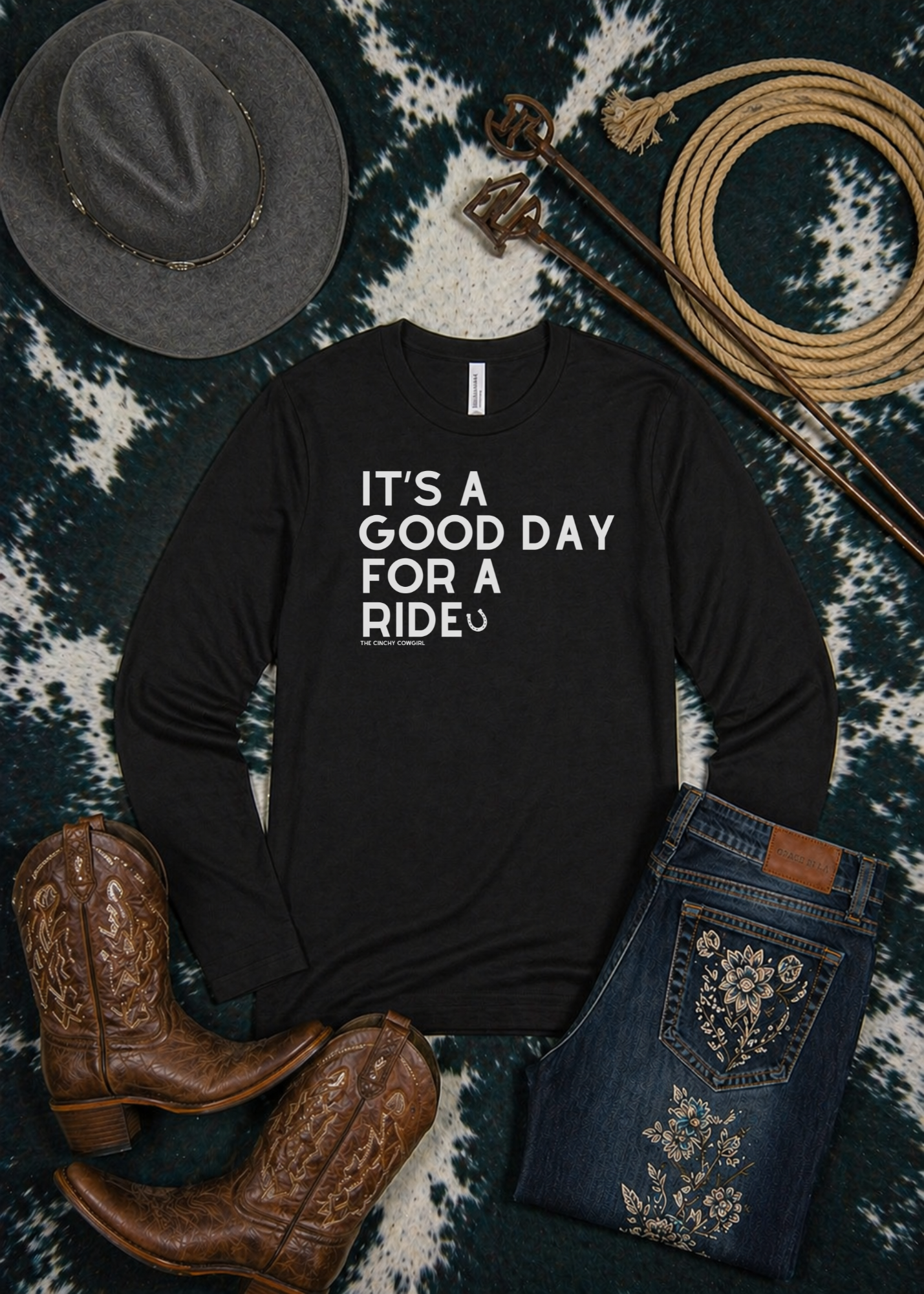 It's A Good Day For A Ride Long Sleeve Tee Long-sleeve The Cinchy Cowgirl - Print