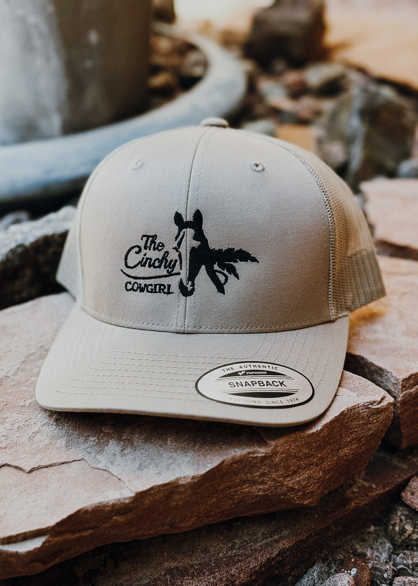 Khaki & Black The Cinchy Cowgirl Trucker Hat Embroidered TCC Hat The Cinchy Cowgirl