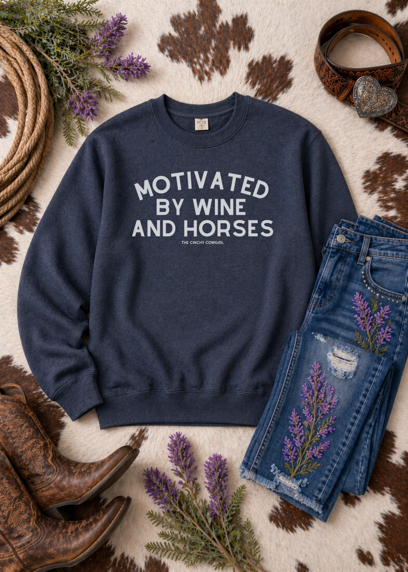 Motivated By Wine & Horses Fleece Pullover Sweatshirt The Cinchy Cowgirl - Print