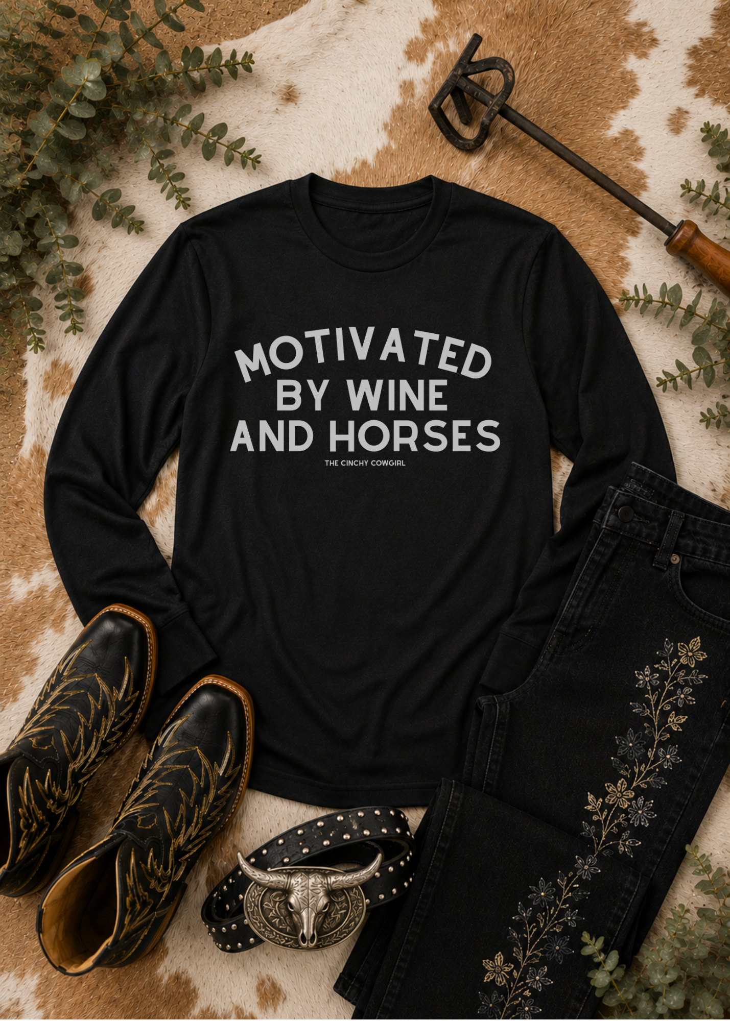 Motivated By Wine And Horses Long Sleeve Tee Long-sleeve The Cinchy Cowgirl - Print