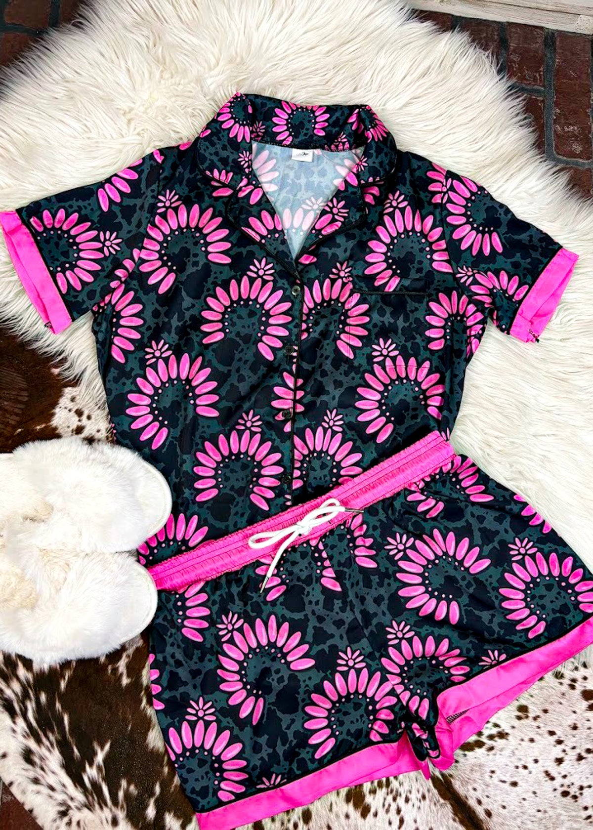 Pink & Black Squash Blossom Silky Shorts Pajamas silky pajamas - shorts The Cinchy Cowgirl (YC)