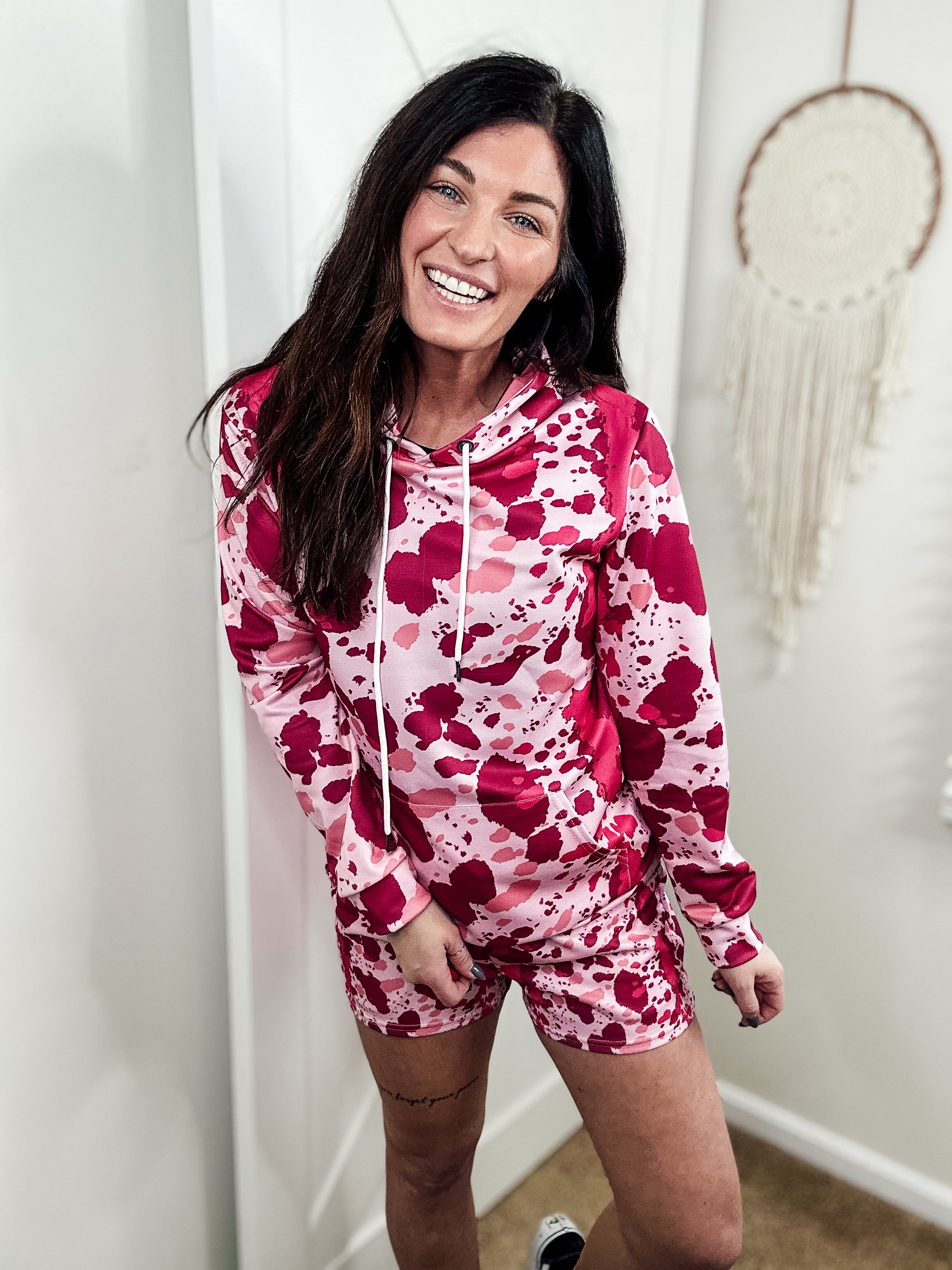 Pink Cowprint Hoodie Women's Pullover Hoodie With Drawstring The Cinchy Cowgirl (YC)