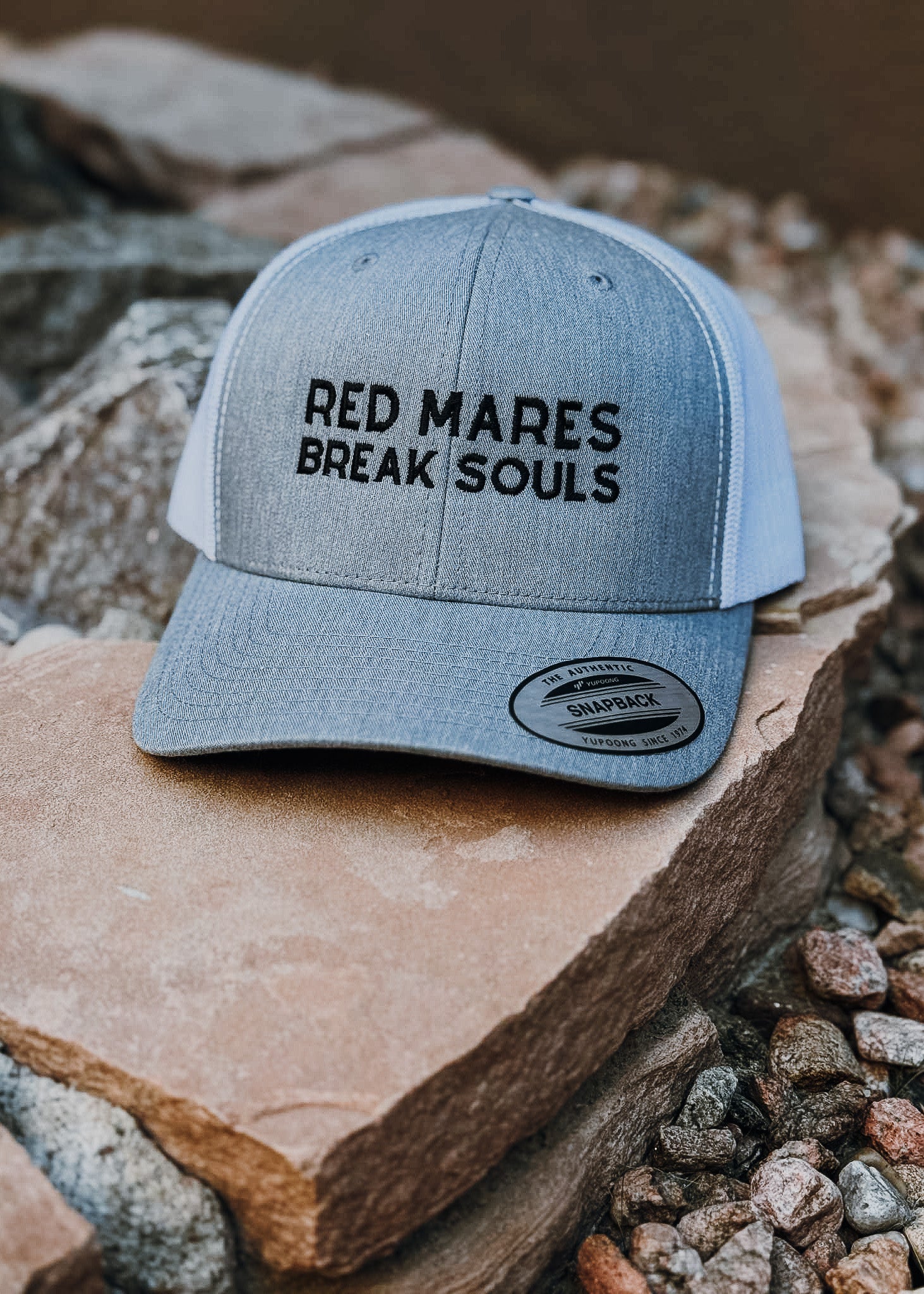 Gray & White Embroidered RED Mares Break Souls Trucker Hat Embroidered TCC Hat The Cinchy Cowgirl