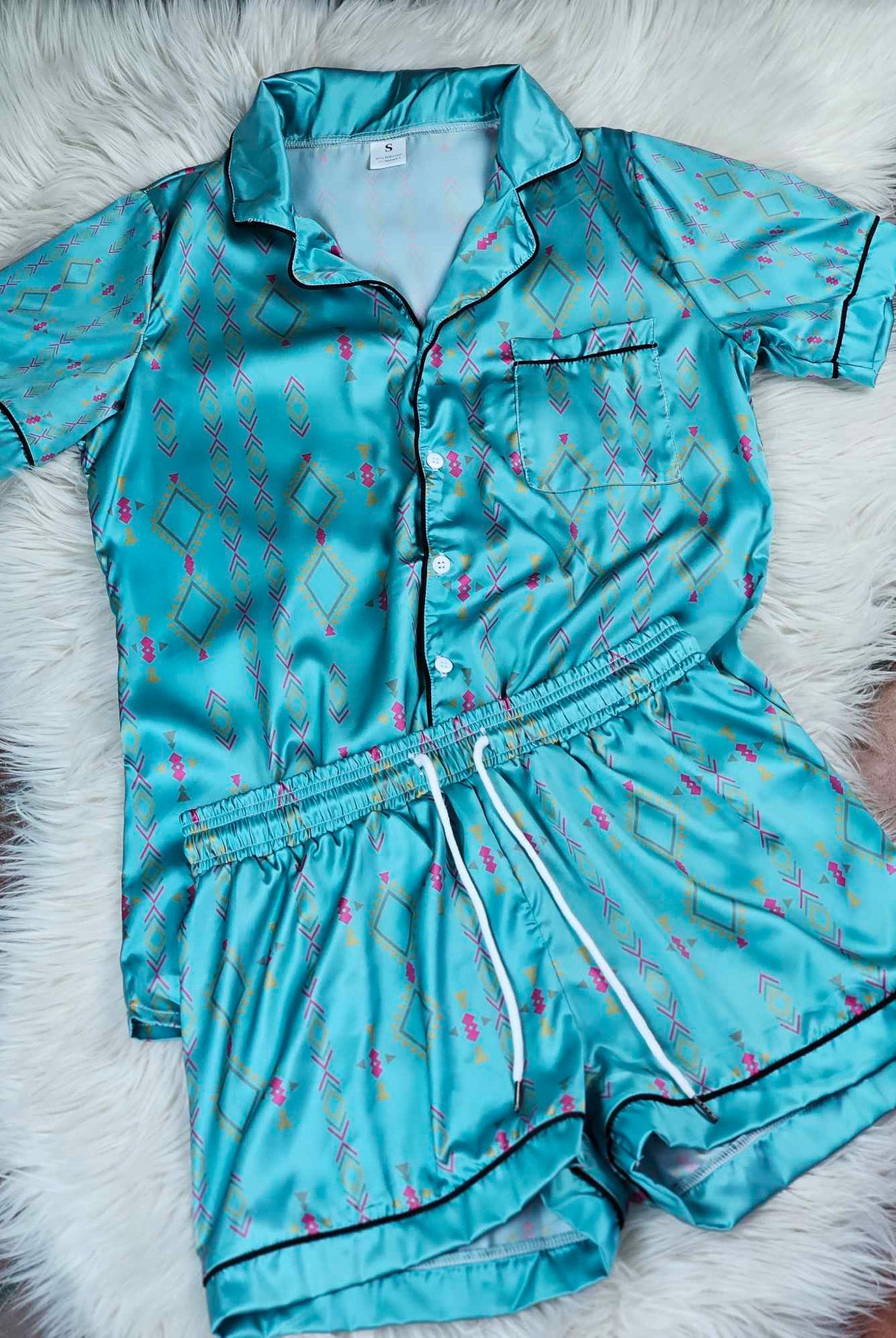Teal Aztec Silky Shorts Pajamas silky pajamas - shorts The Cinchy Cowgirl (YC) S