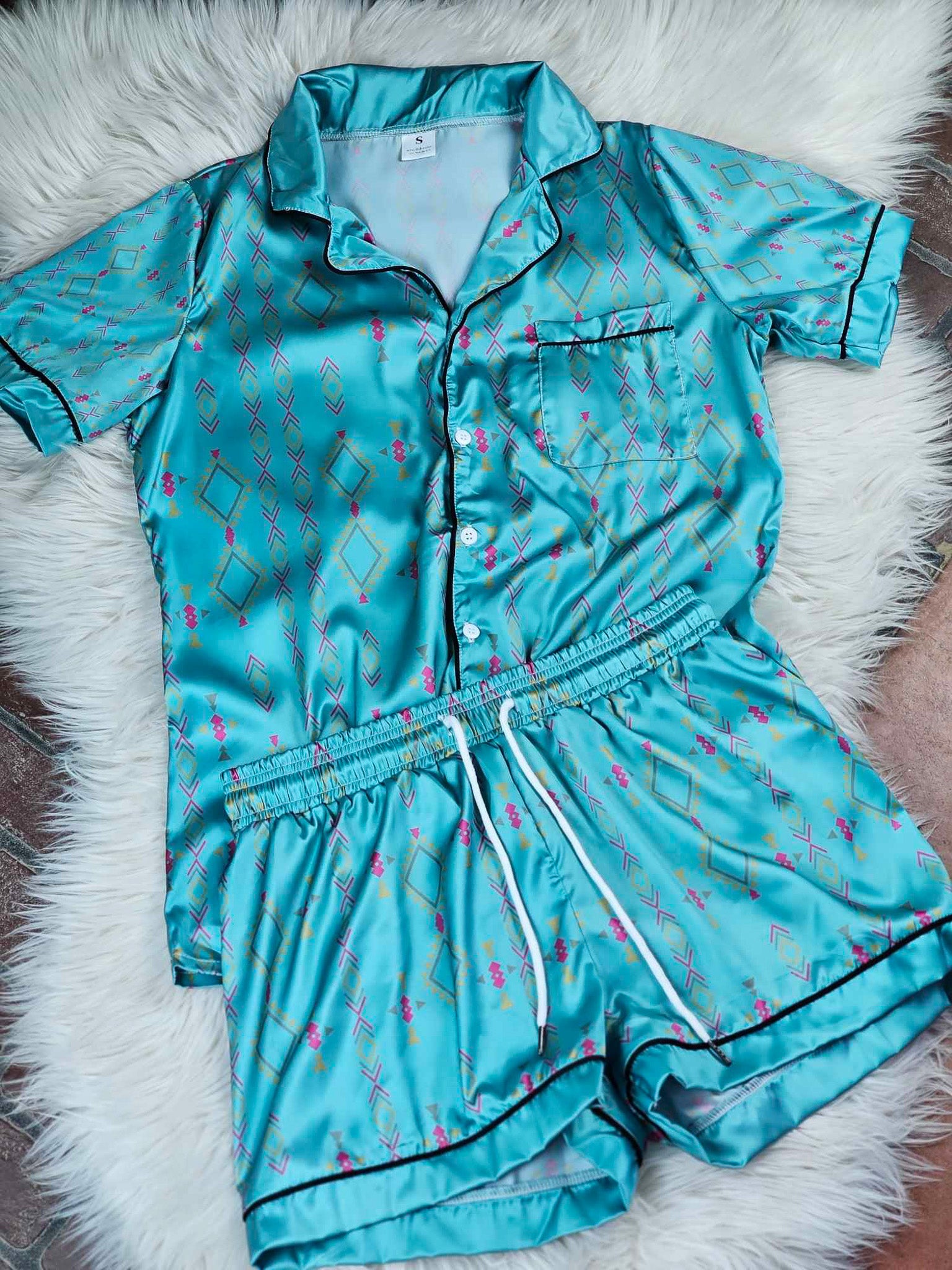 Teal Aztec Silky Shorts Pajamas silky pajamas - shorts The Cinchy Cowgirl (YC) S