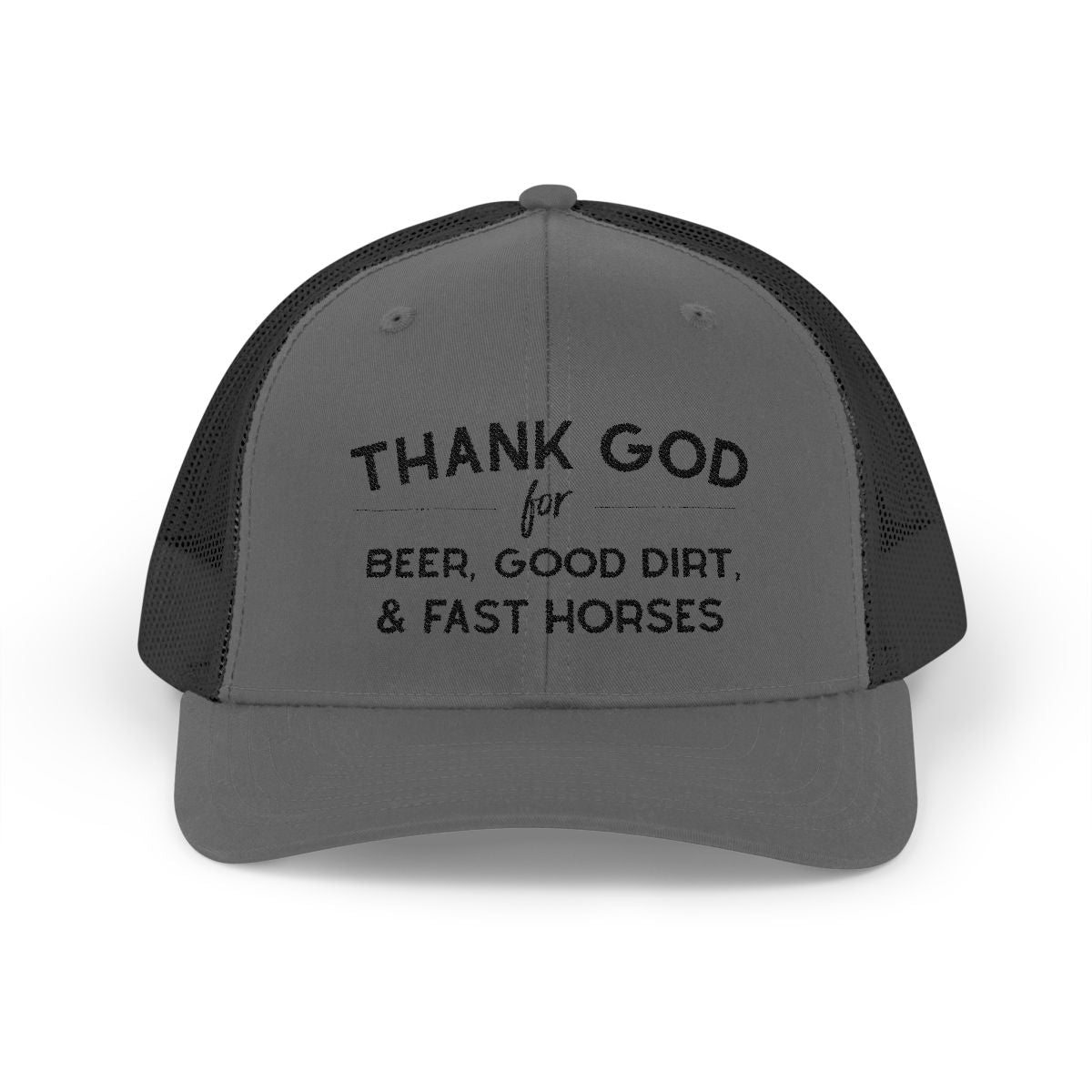 Thank God for Beer Good Dirt and Fast Horses Embroidered Hat Embroidered TCC Hat The Cinchy Cowgirl - Print Charcoal / Black