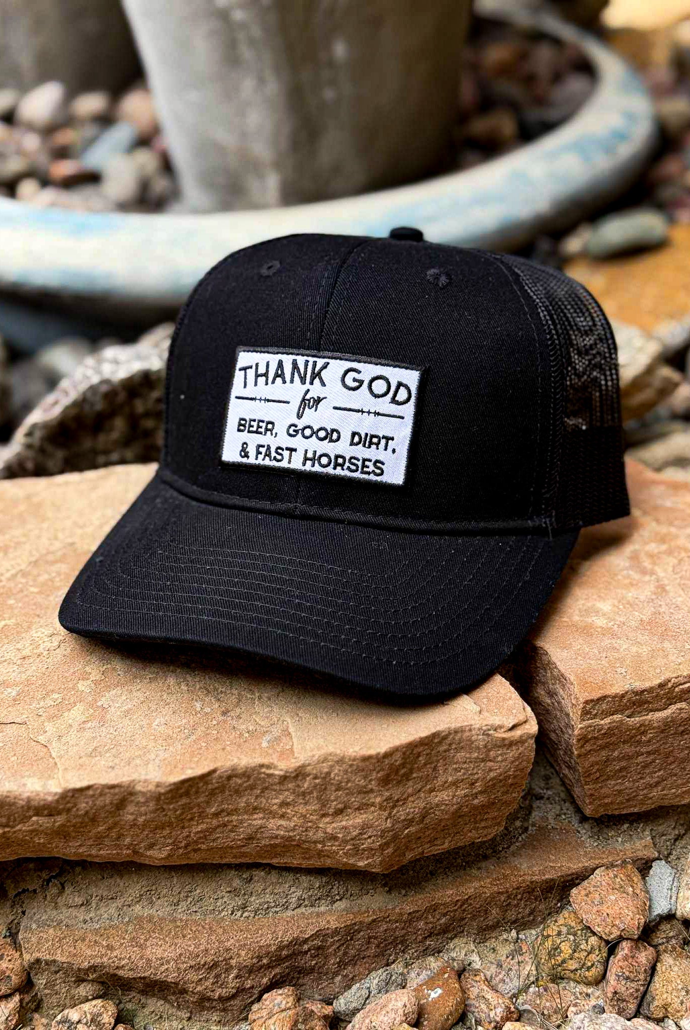 Patch Thank God For Beer, Good Dirt & Fast Horses Trucker Hat Patch TCC Hat The Cinchy Cowgirl Black