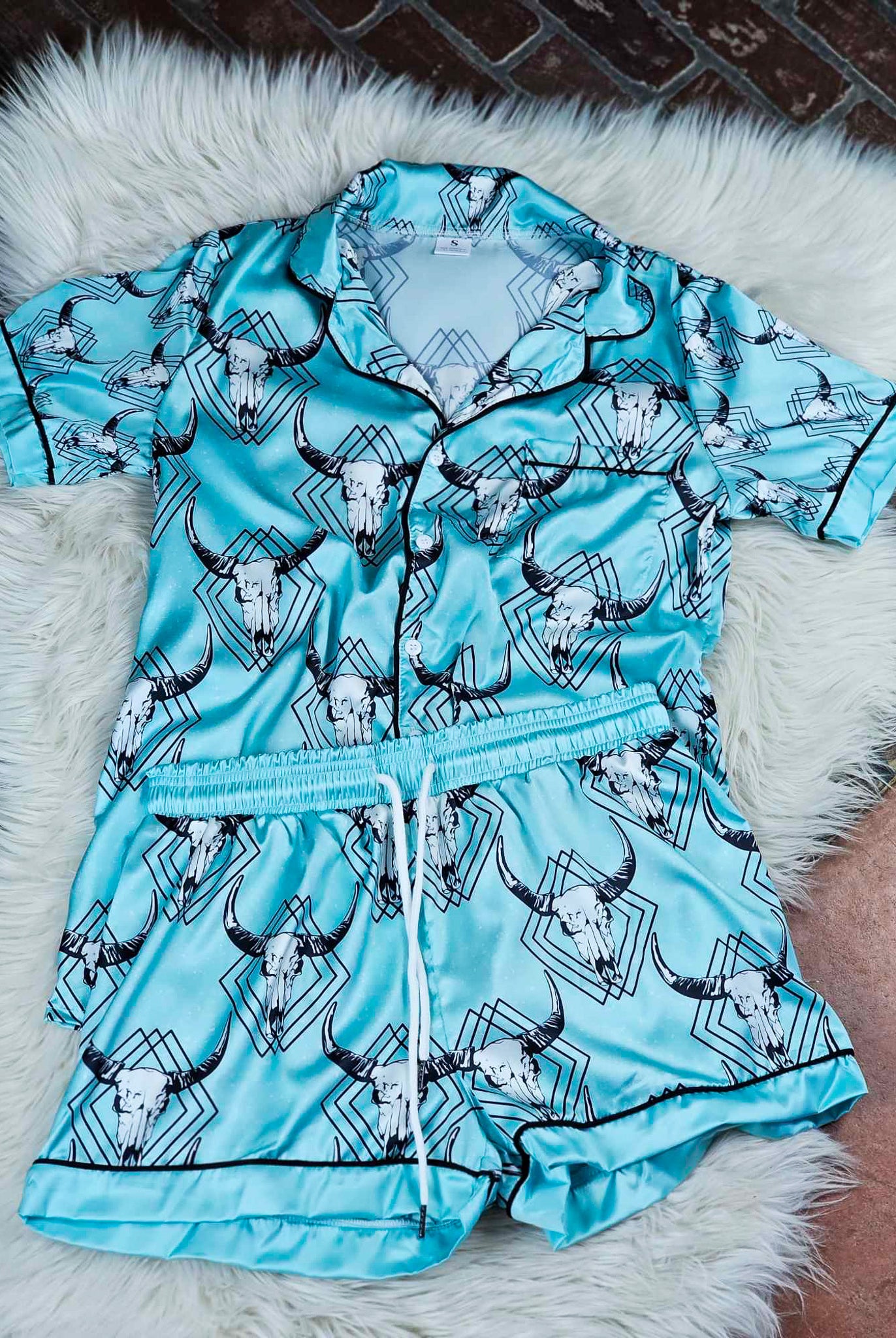 Turquoise Steer Skull Silky Shorts Pajamas silky pajamas - shorts The Cinchy Cowgirl (YC) S
