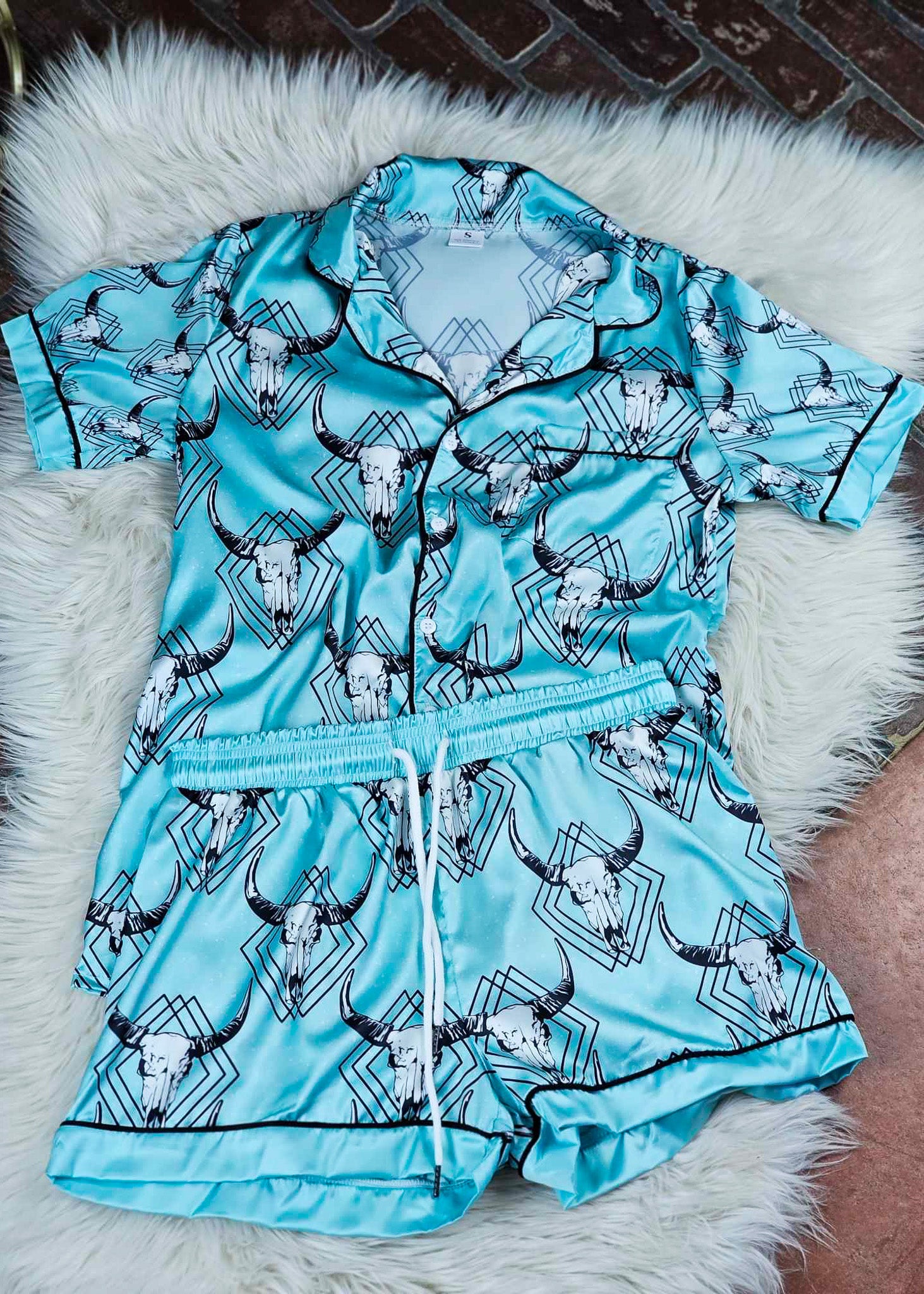 Turquoise Steer Skull Silky Shorts Pajamas silky pajamas - shorts The Cinchy Cowgirl (YC) S