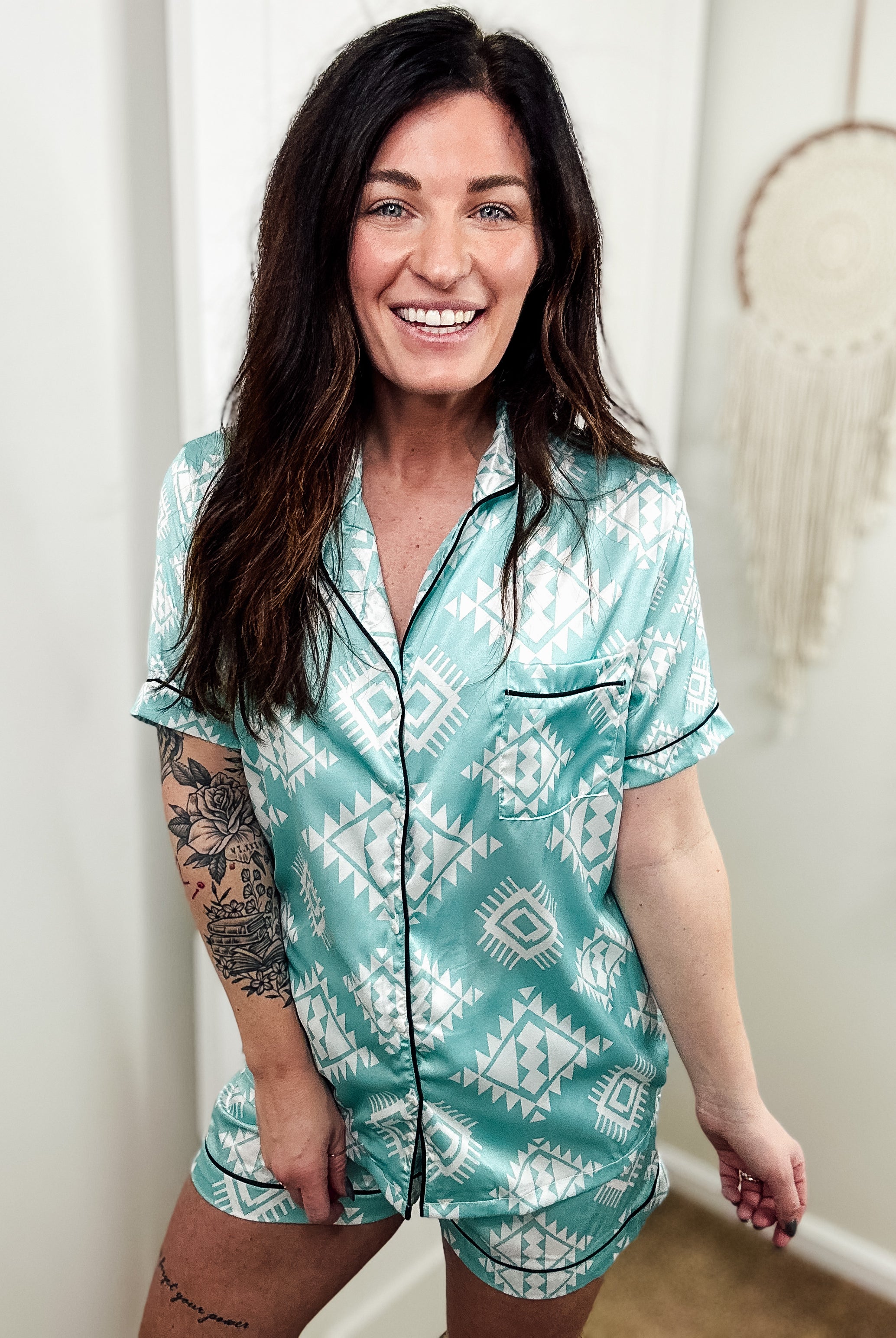 Turquoise & White Aztec Silky Shorts Pajamas silky pajamas - shorts The Cinchy Cowgirl (YC)