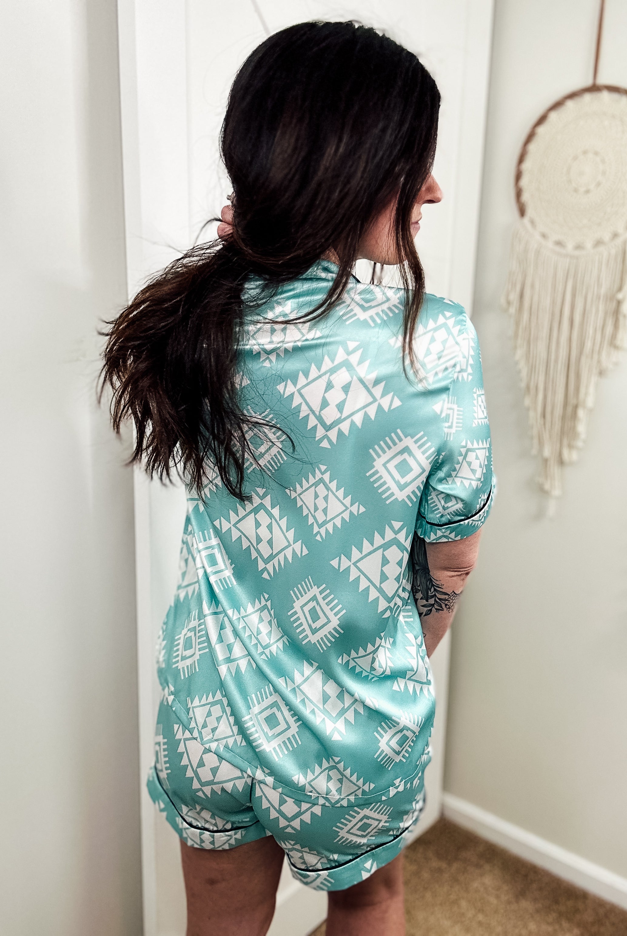 Turquoise & White Aztec Silky Shorts Pajamas silky pajamas - shorts The Cinchy Cowgirl (YC)