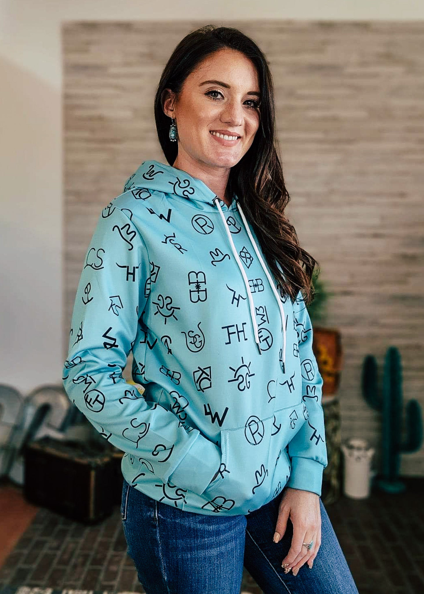 Turquoise Brands Hoodie Women's Pullover Hoodie With Drawstring The Cinchy Cowgirl (YC)