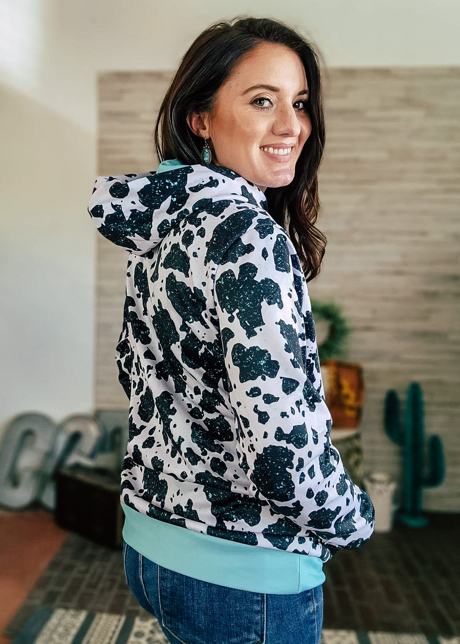 Cowprint Turquoise Hoodie Women's Pullover Hoodie With Drawstring The Cinchy Cowgirl (YC)