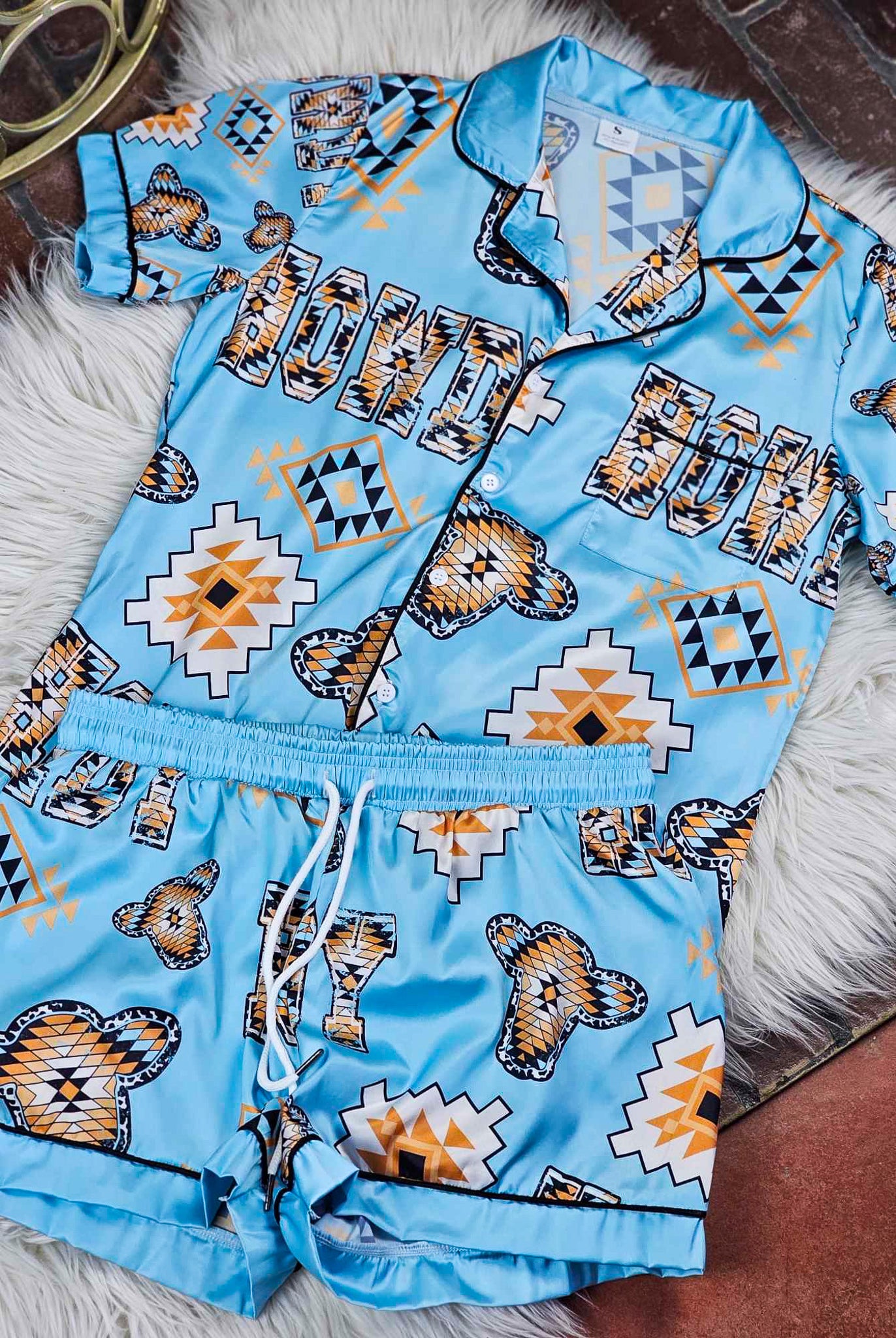 Turquoise Howdy SHORTS Silky Pajamas silky pajamas - shorts The Cinchy Cowgirl (YC) S