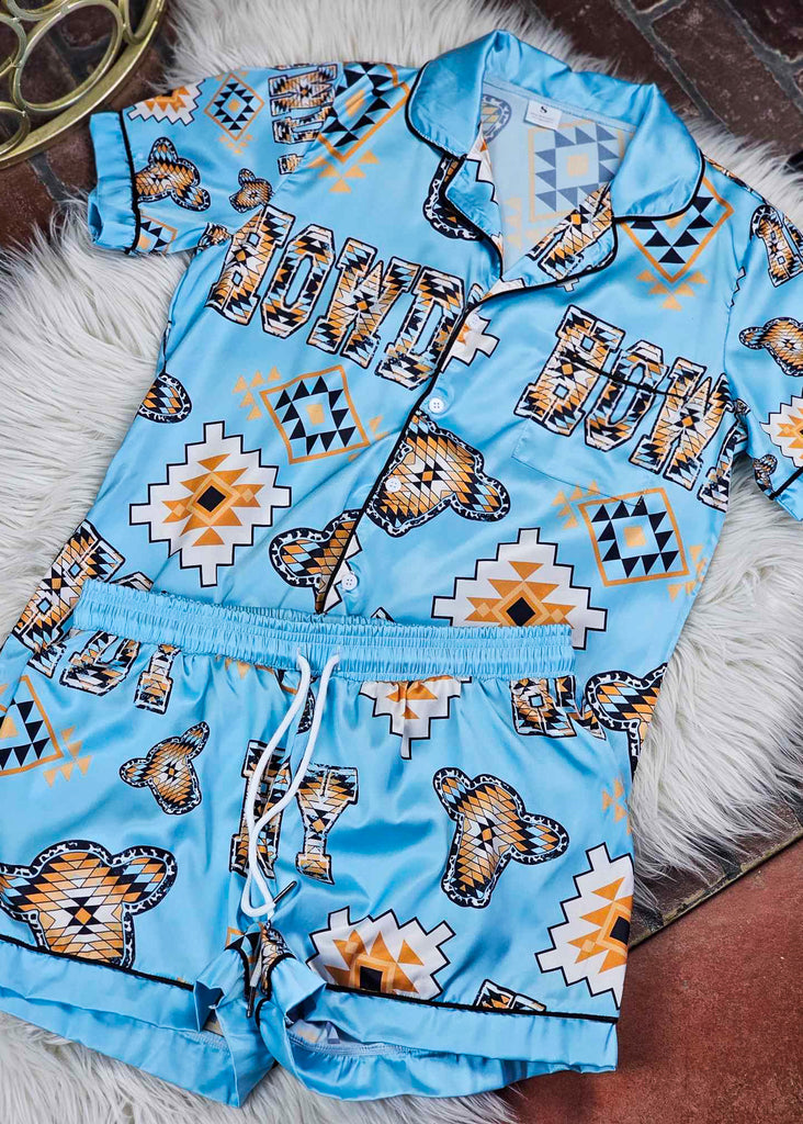 Turquoise Howdy SHORTS Silky Pajamas silky pajamas - shorts The Cinchy Cowgirl (YC) S  