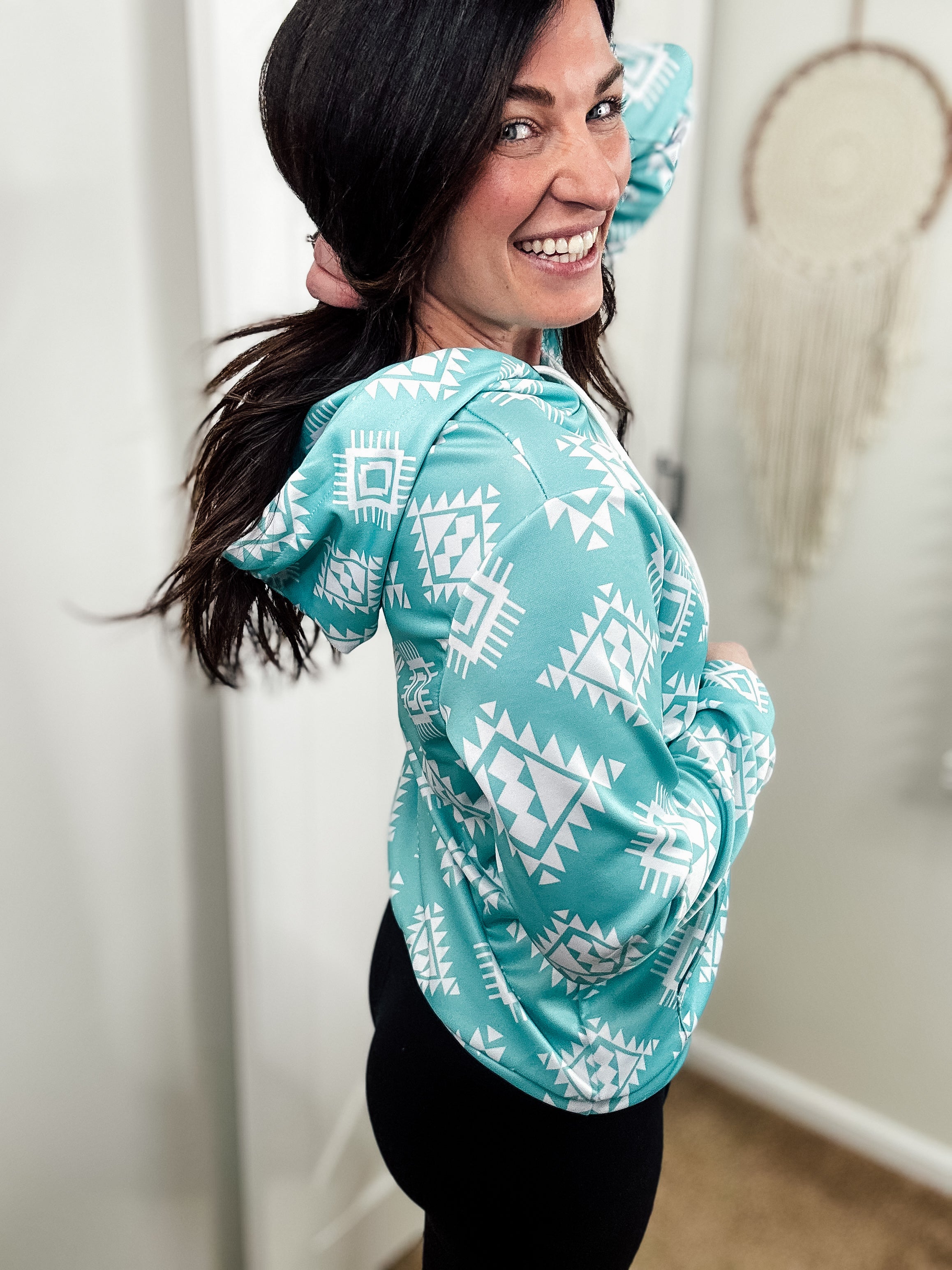 Turquoise & White Aztec Hoodie Women's Pullover Hoodie With Drawstring The Cinchy Cowgirl (YC)