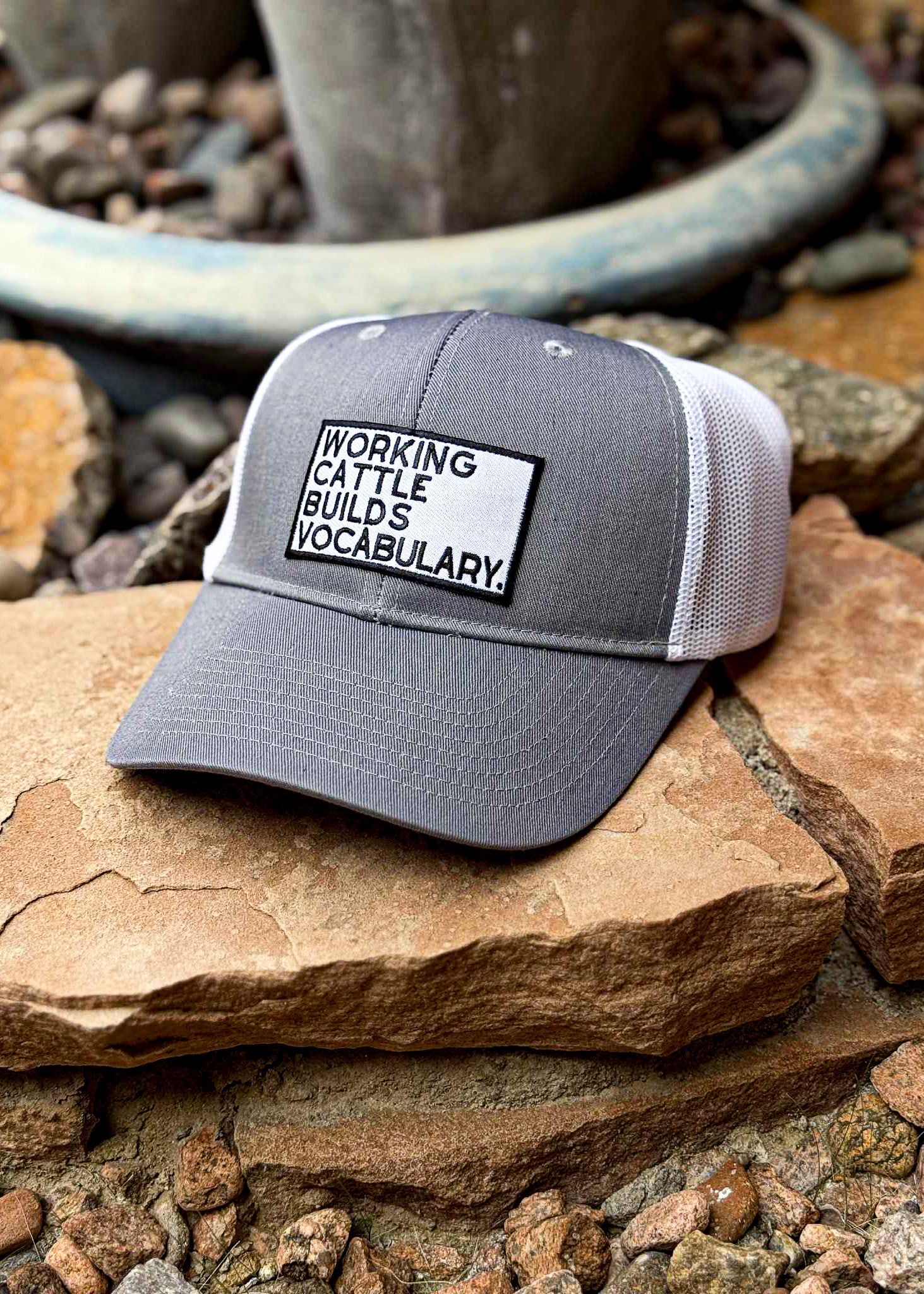 Patch Working Cattle Builds Vocabulary Trucker Hat Patch TCC Hat The Cinchy Cowgirl Gray & White