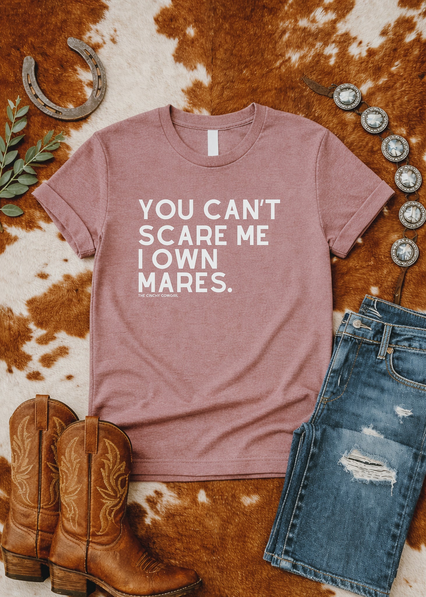 You Can't Scare Me I Own Mares Short Sleeve Graphic Tee T-Shirt The Cinchy Cowgirl - Print