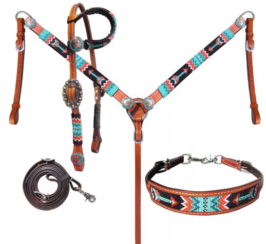Turquoise & Red Arrow Beaded Headstall Set headstall set Shiloh   