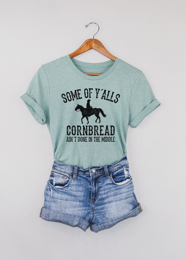 Y'alls Cornbread Short Sleeve Tee [4 colors] tcc graphic tee - $19.99 The Cinchy Cowgirl Small Dusty Blue 