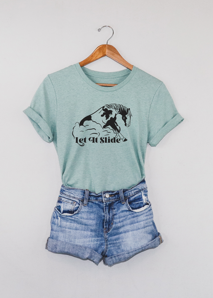 Let It Slide Reining Short Sleeve Tee [4 colors] tcc graphic tee - $19.99 The Cinchy Cowgirl Small Dusty Blue 