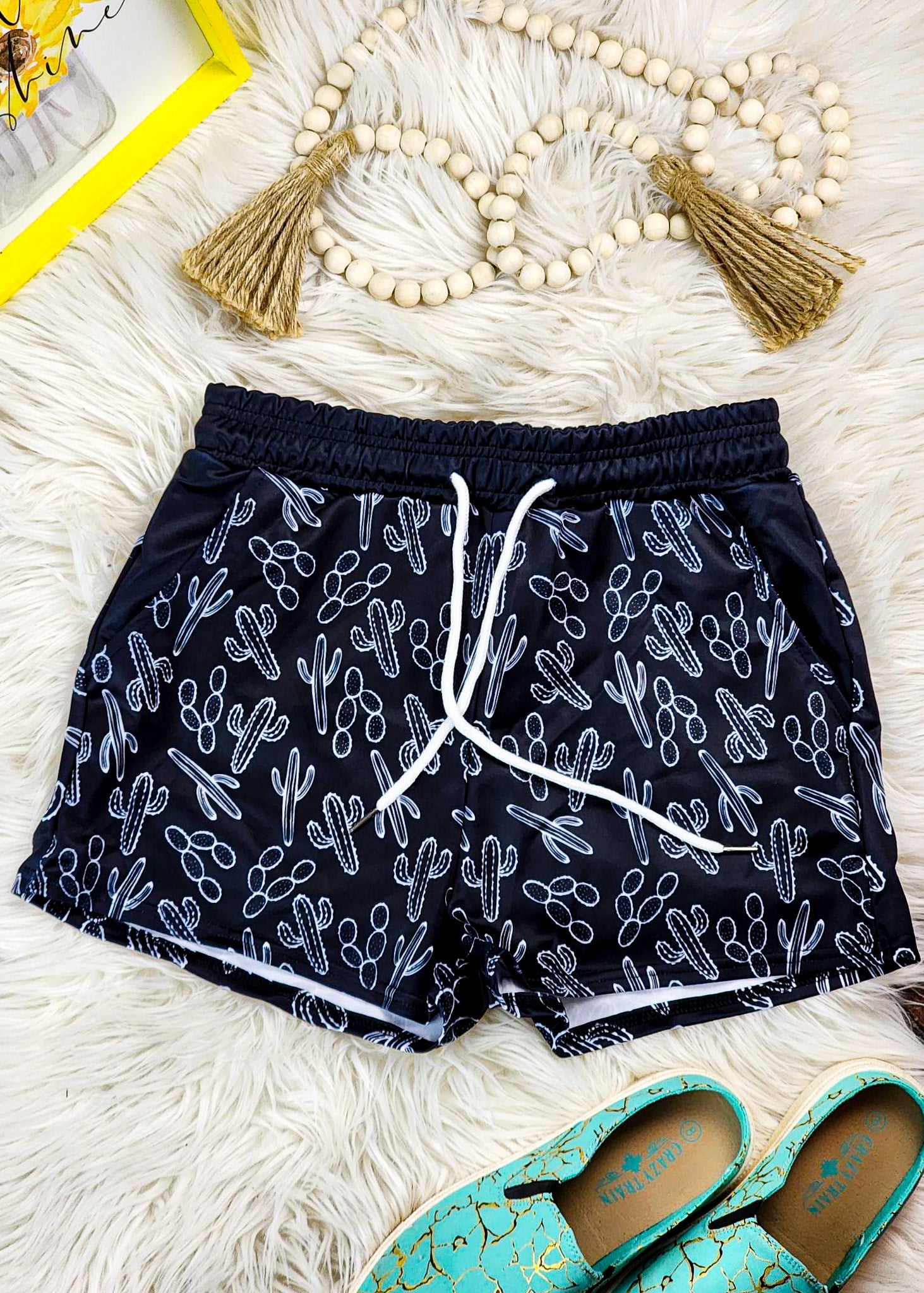 Black Cactus Drawstring Shorts drawstring shorts The Cinchy Cowgirl (YC)