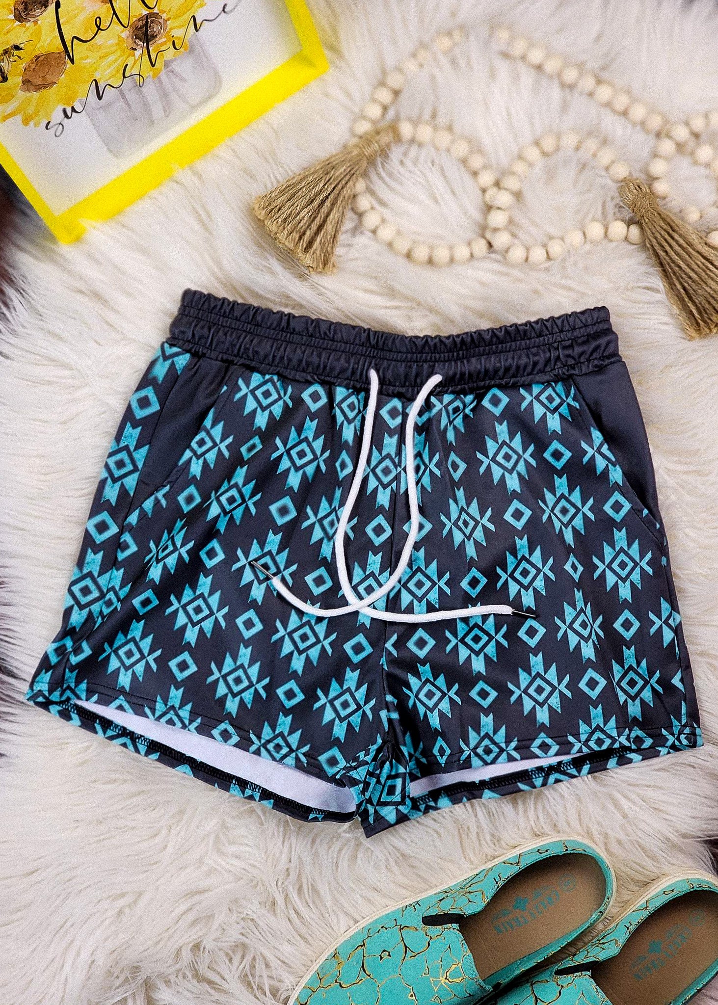 Black & Turquoise Aztec Drawstring Shorts Shorts The Cinchy Cowgirl (YC) XS