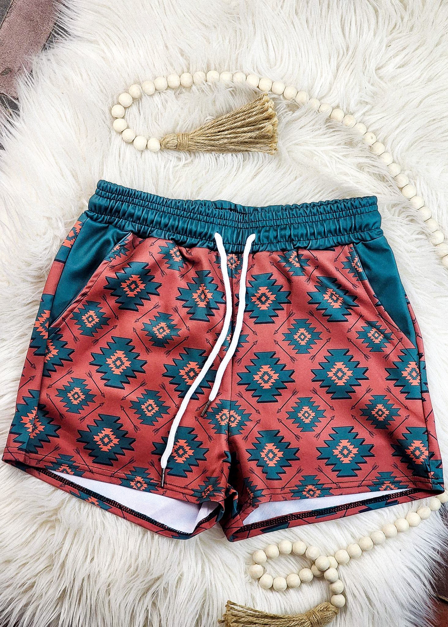 Brown Rust & Green Aztec Drawstring Shorts TCC Shorts The Cinchy Cowgirl (YC) XS