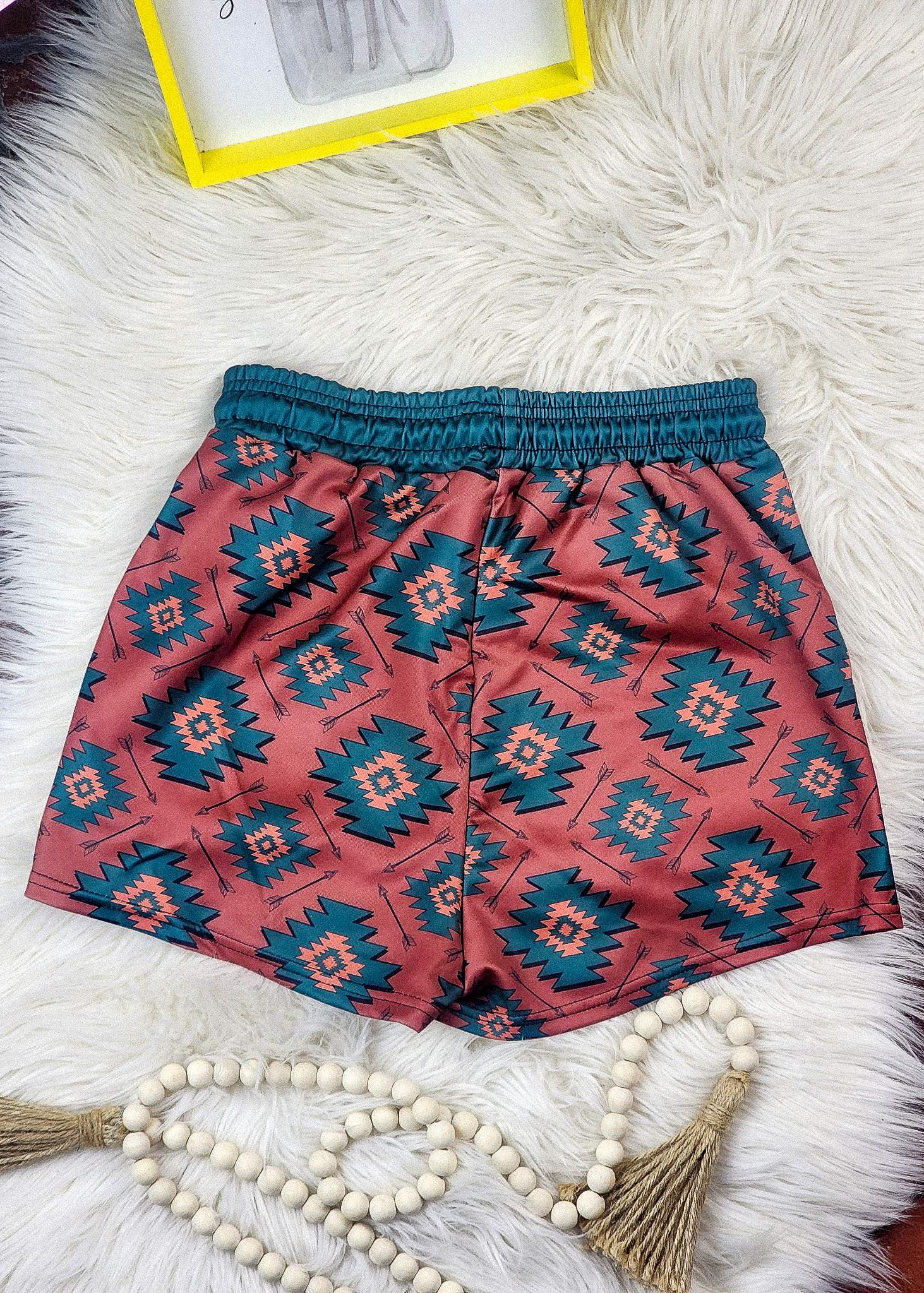 Brown Rust & Green Aztec Drawstring Shorts TCC Shorts The Cinchy Cowgirl (YC)