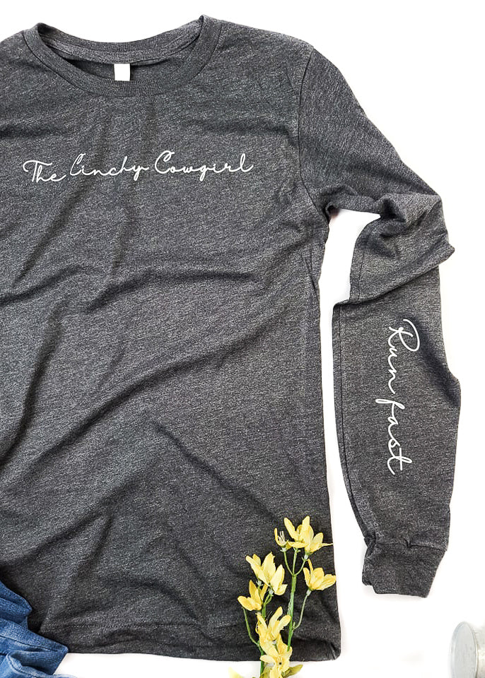 Dark Grey Run Fast Long Sleeve Graphic Tee graphic tee long sleeve The Cinchy Cowgirl