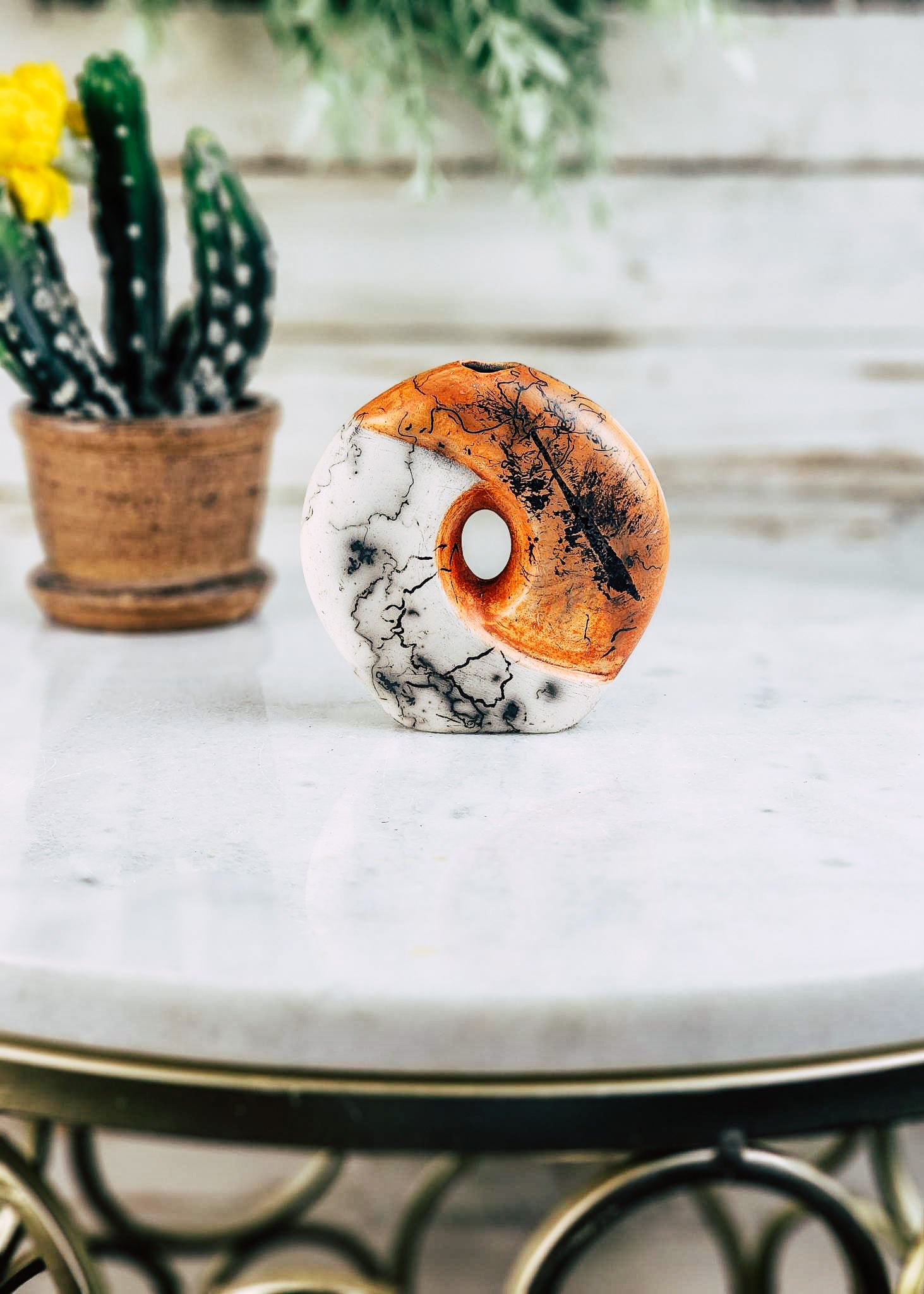 Horse Hair Small Orange/White Criss Cross Vase Horse Hair Pottery Mike Tarter