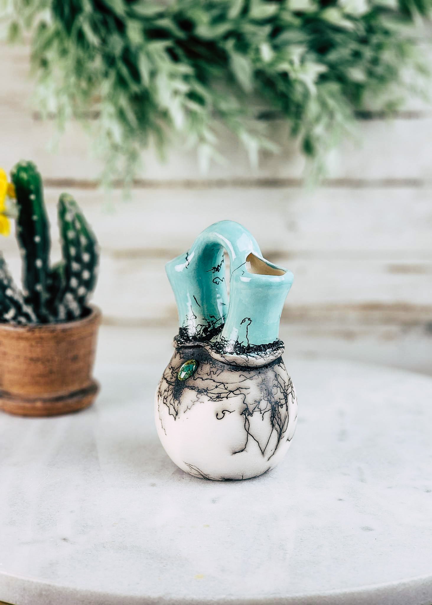 Horse Hair Turquoise & White Wedding Vase Horse Hair Pottery Mike Tarter