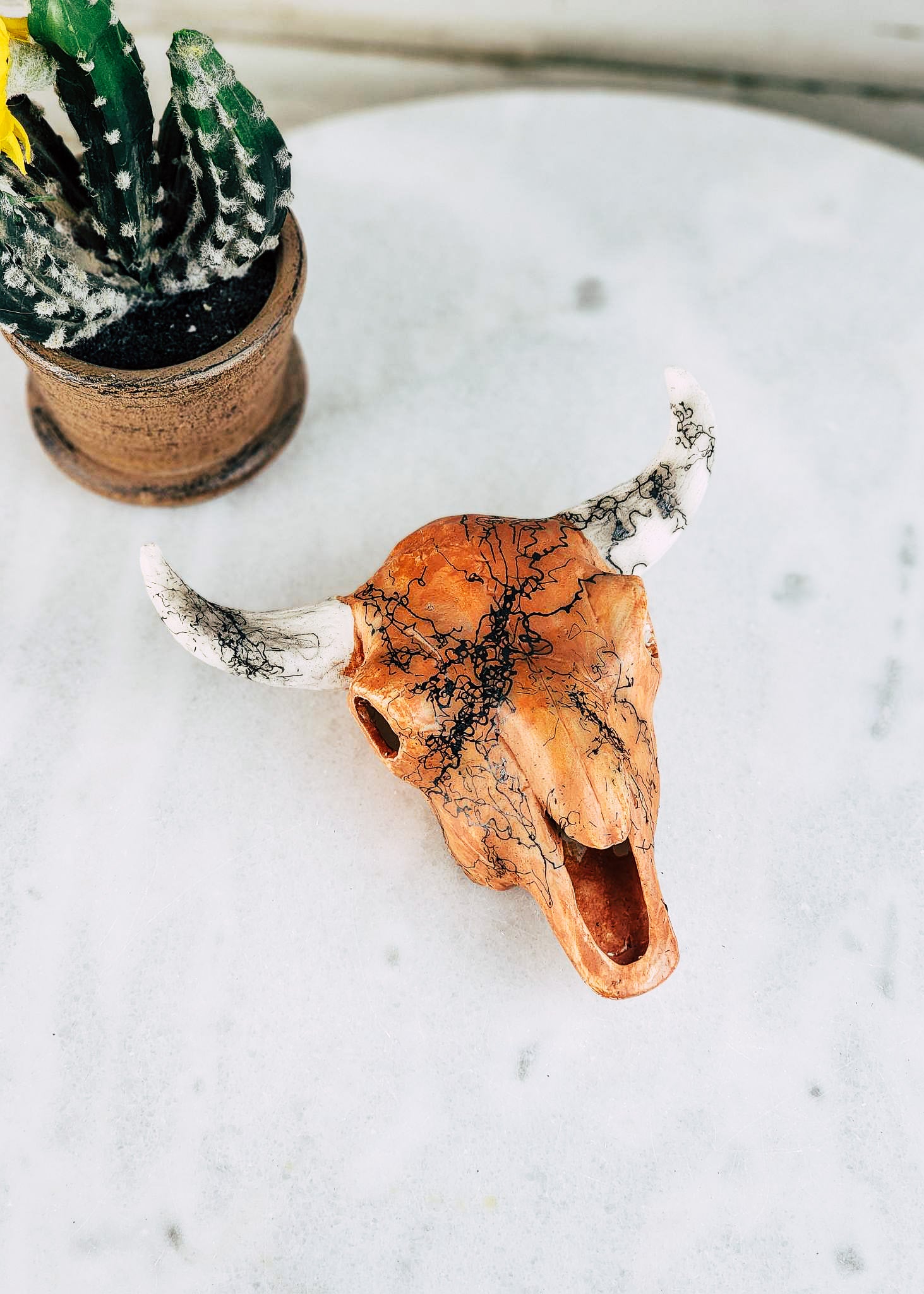 Horse Hair White & Orange Skull Horse Hair Pottery Mike Tarter