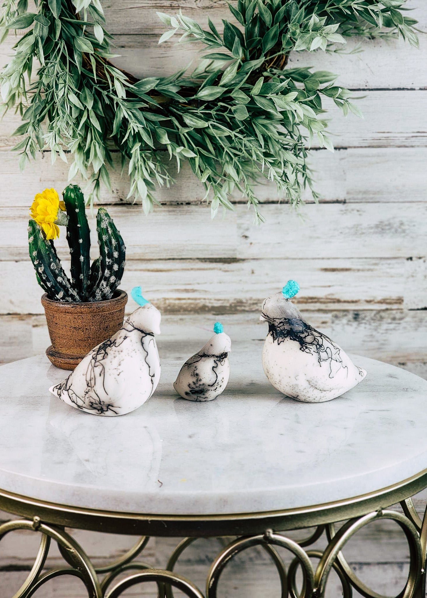Horse Hair White & Turquoise Quail Set Horse Hair Pottery Mike Tarter