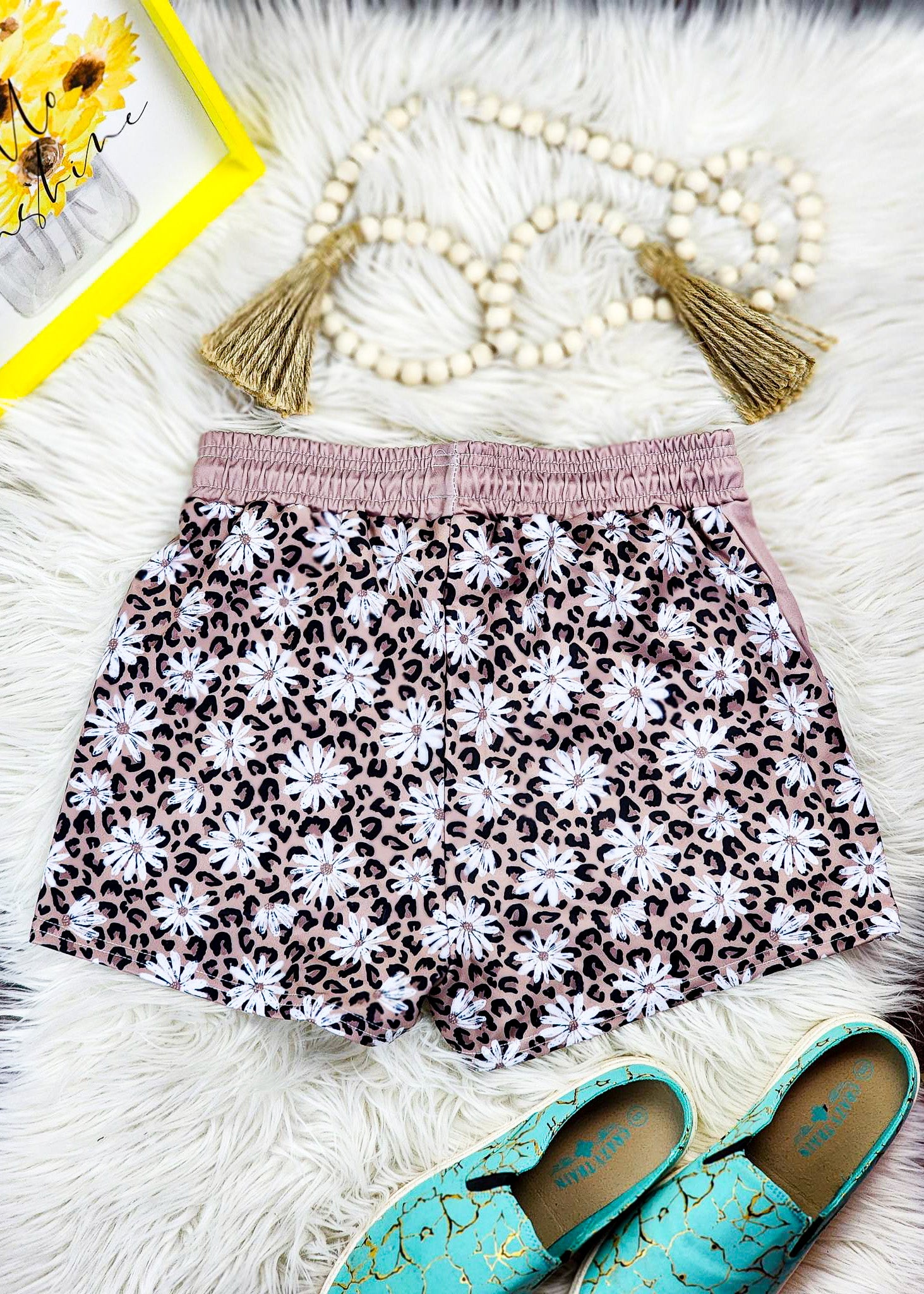 Leopard Daisy Drawstring Shorts drawstring shorts The Cinchy Cowgirl (YC)