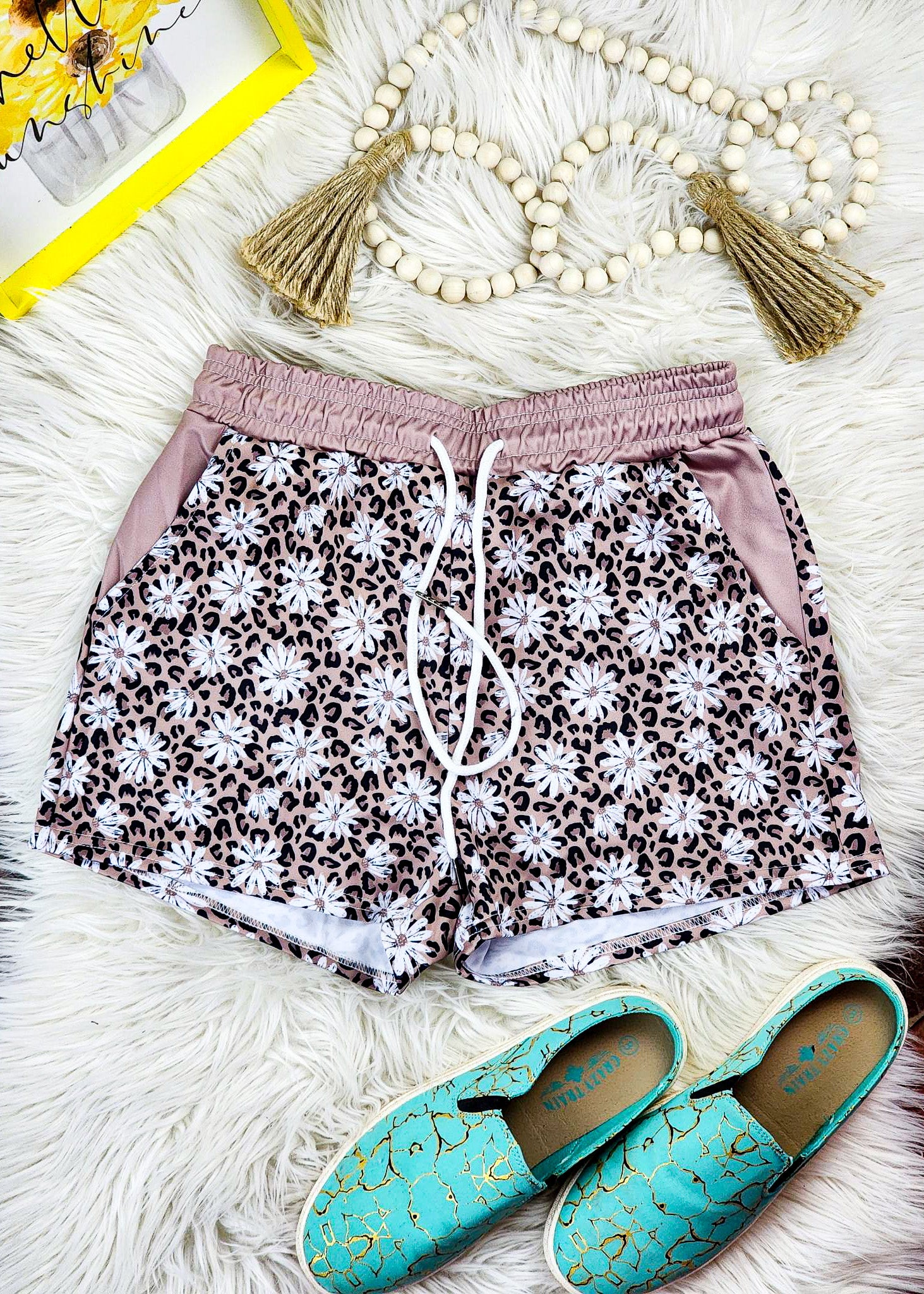 Leopard Daisy Drawstring Shorts drawstring shorts The Cinchy Cowgirl (YC) XS