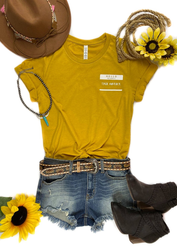 Mustard Hello Tack Hoarder Side Short Sleeve Tee tcc graphic tee The Cinchy Cowgirl   