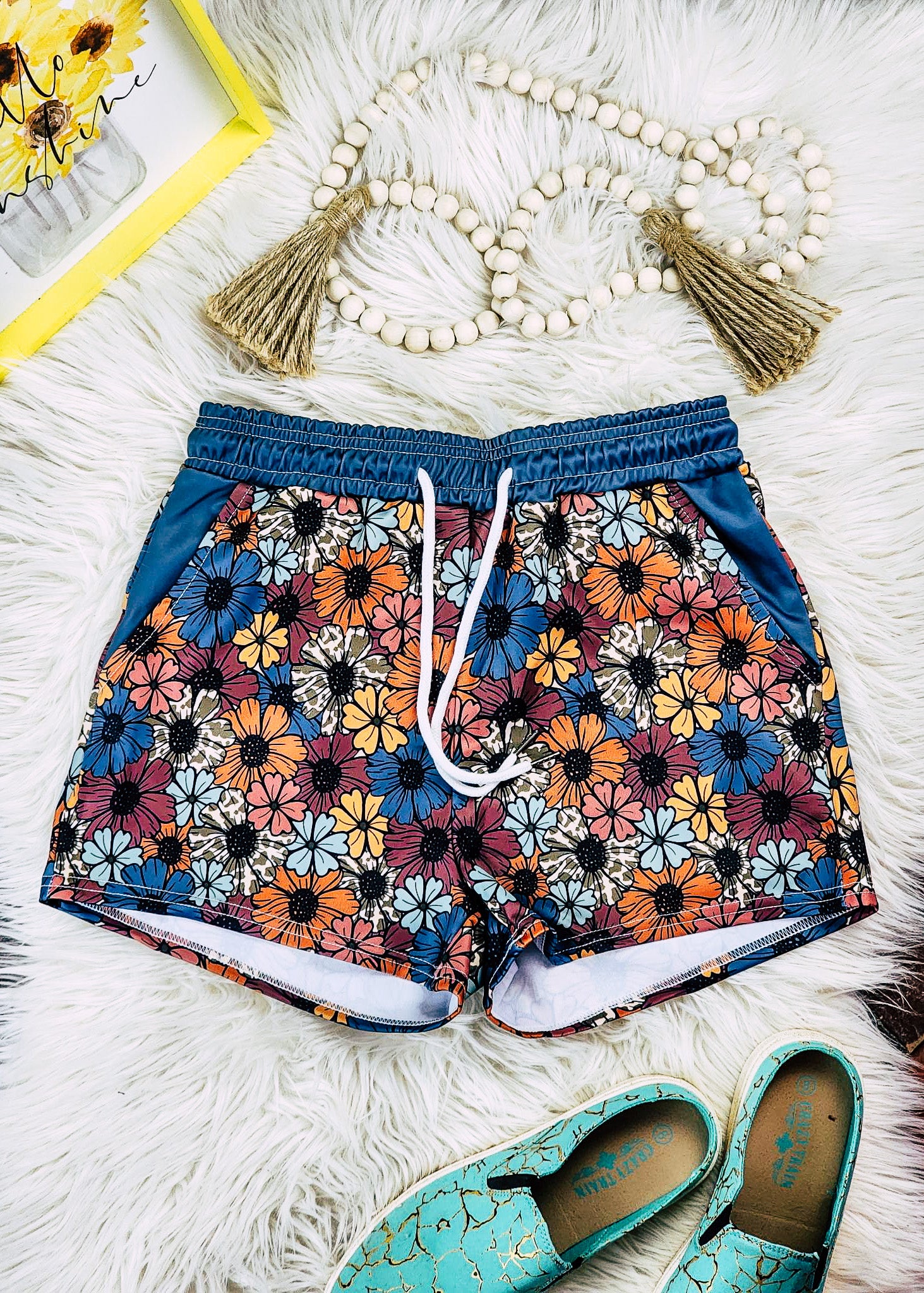 Retro Floral Cowhide Drawstring Shorts drawstring shorts The Cinchy Cowgirl (YC) XS