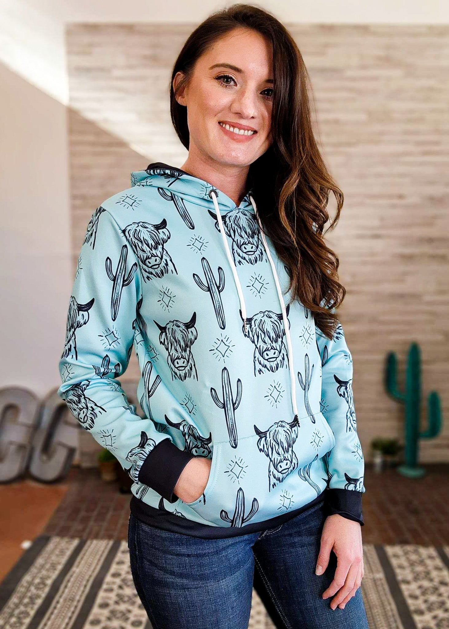 Turquoise Highland Cow Hoodie Women's Pullover Hoodie With Drawstring The Cinchy Cowgirl (YC) S