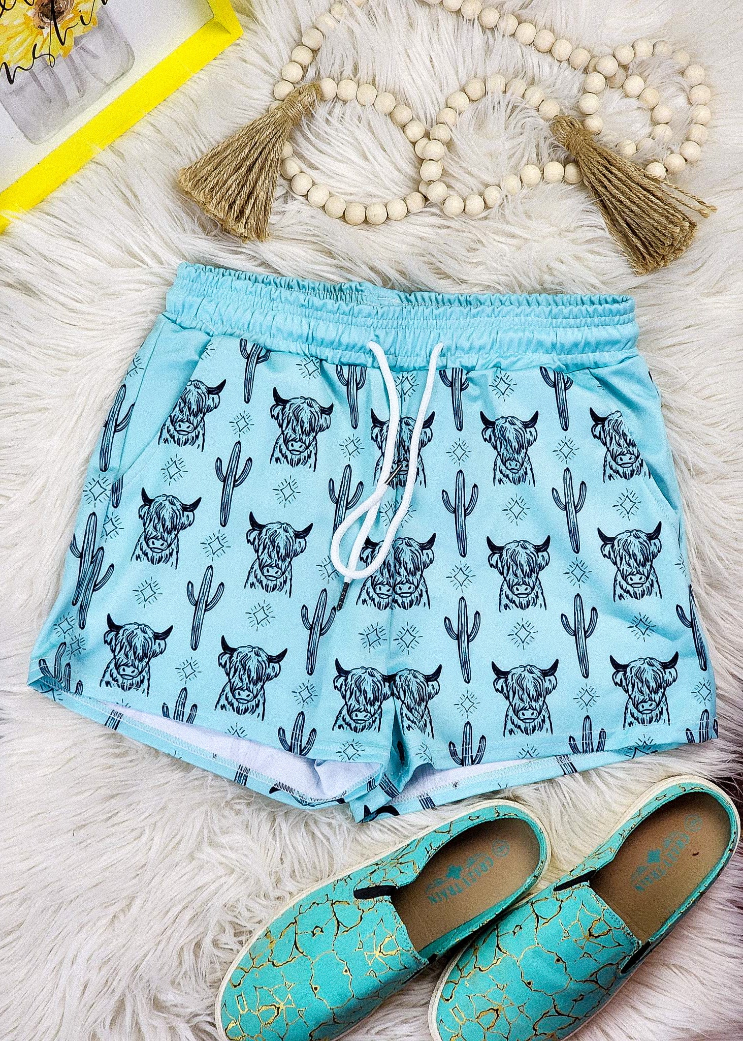 Turquoise Highland Drawstring Shorts drawstring shorts The Cinchy Cowgirl (YC) XS