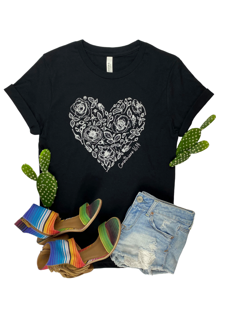 Corinthians 16:14 Rose Heart Black Short Sleeve Graphic Tee tcc graphic tee The Cinchy Cowgirl   