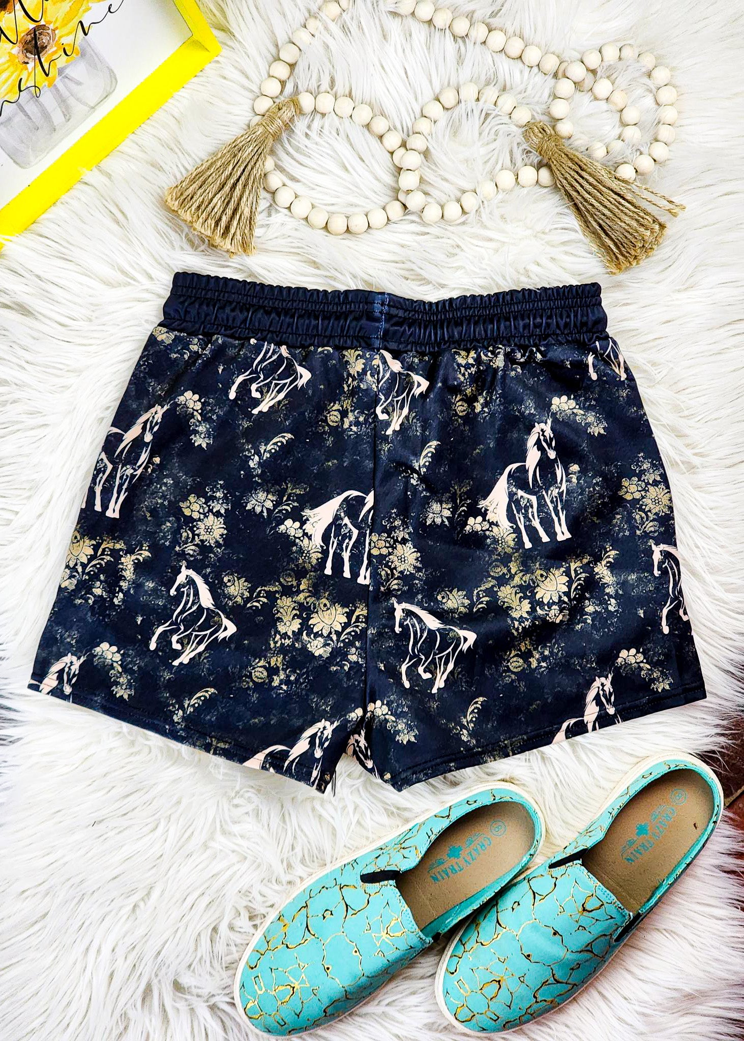 Black Vintage Floral Horse Drawstring Shorts drawstring shorts The Cinchy Cowgirl (YC)