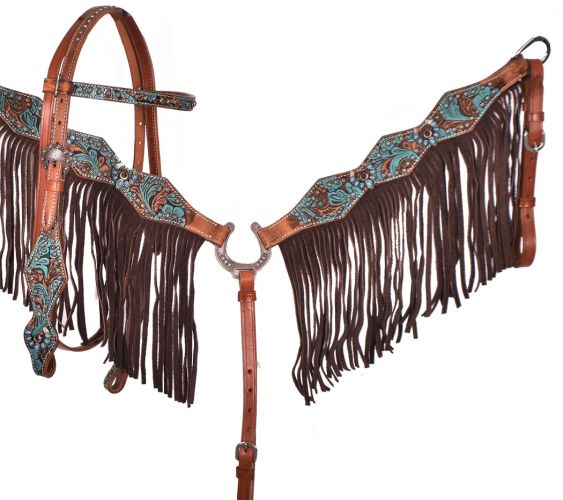 Turquoise & Brown Floral Fringe Headstall Set headstall set Shiloh   