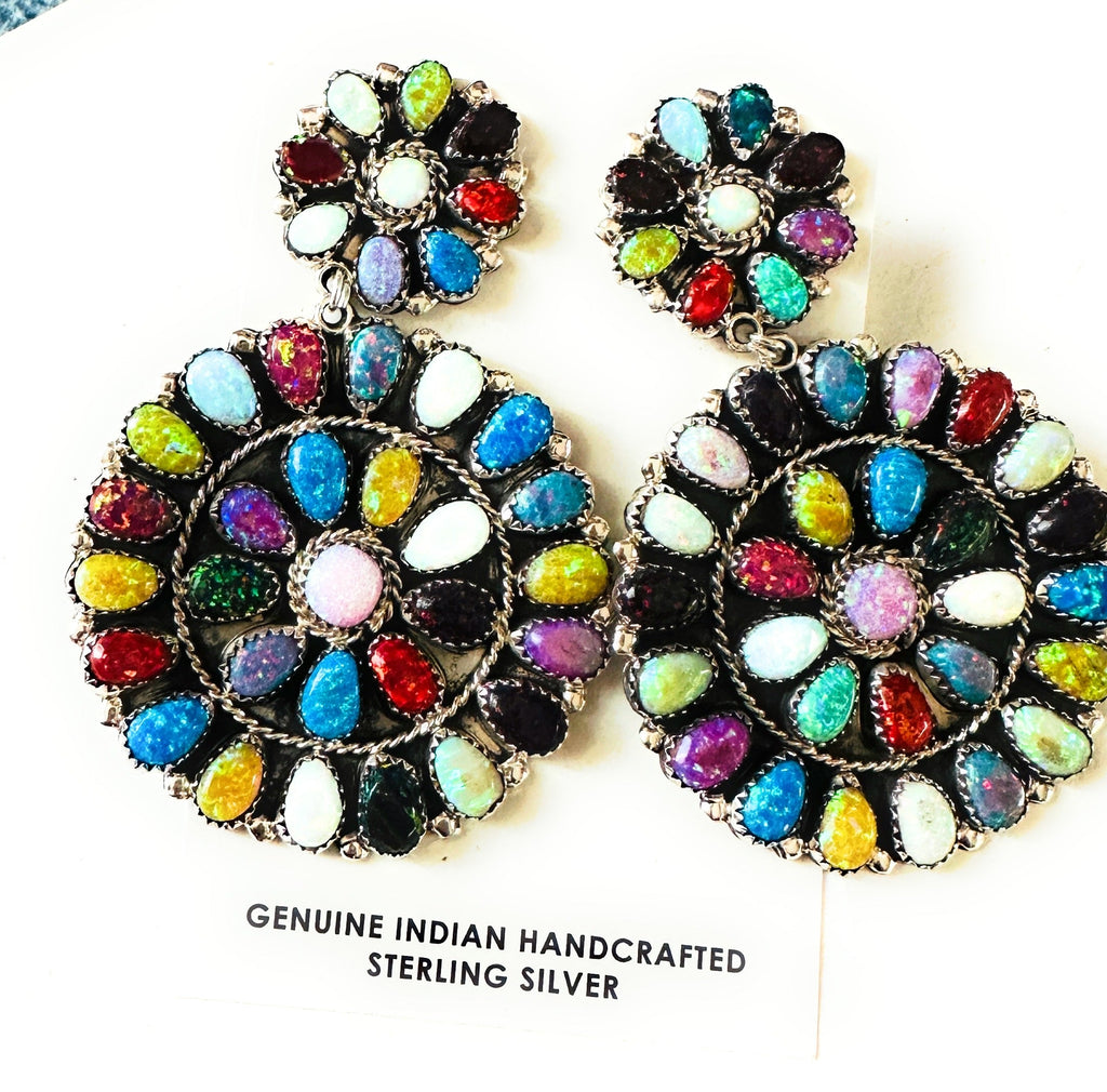 Handmade Multicolor Opal And Sterling Silver Cluster Earrings NT jewelry Nizhoni Traders LLC   