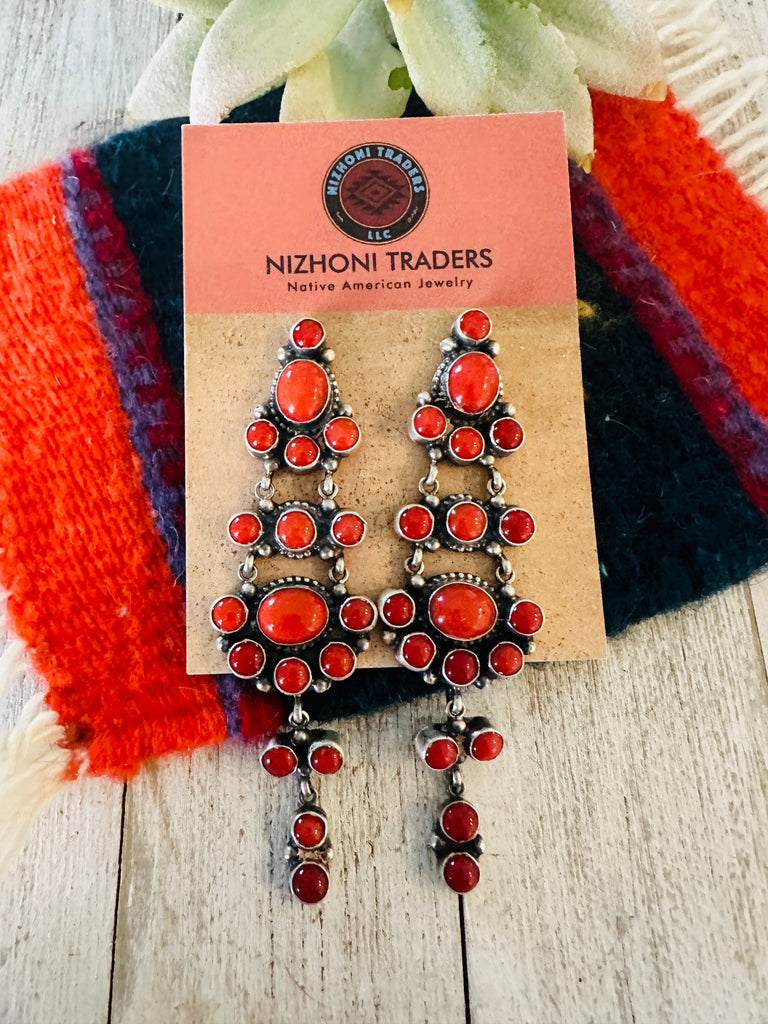 Coral Cluster Dangle Earrings NT jewelry Nizhoni Traders LLC   