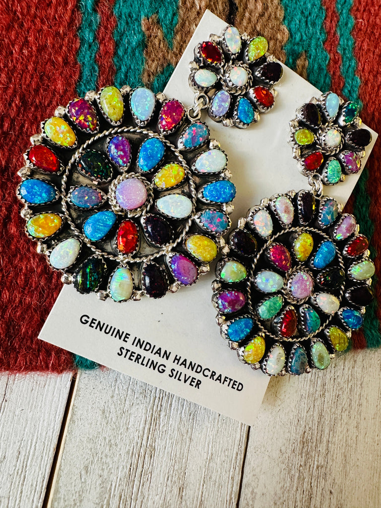 Handmade Multicolor Opal And Sterling Silver Cluster Earrings NT jewelry Nizhoni Traders LLC   