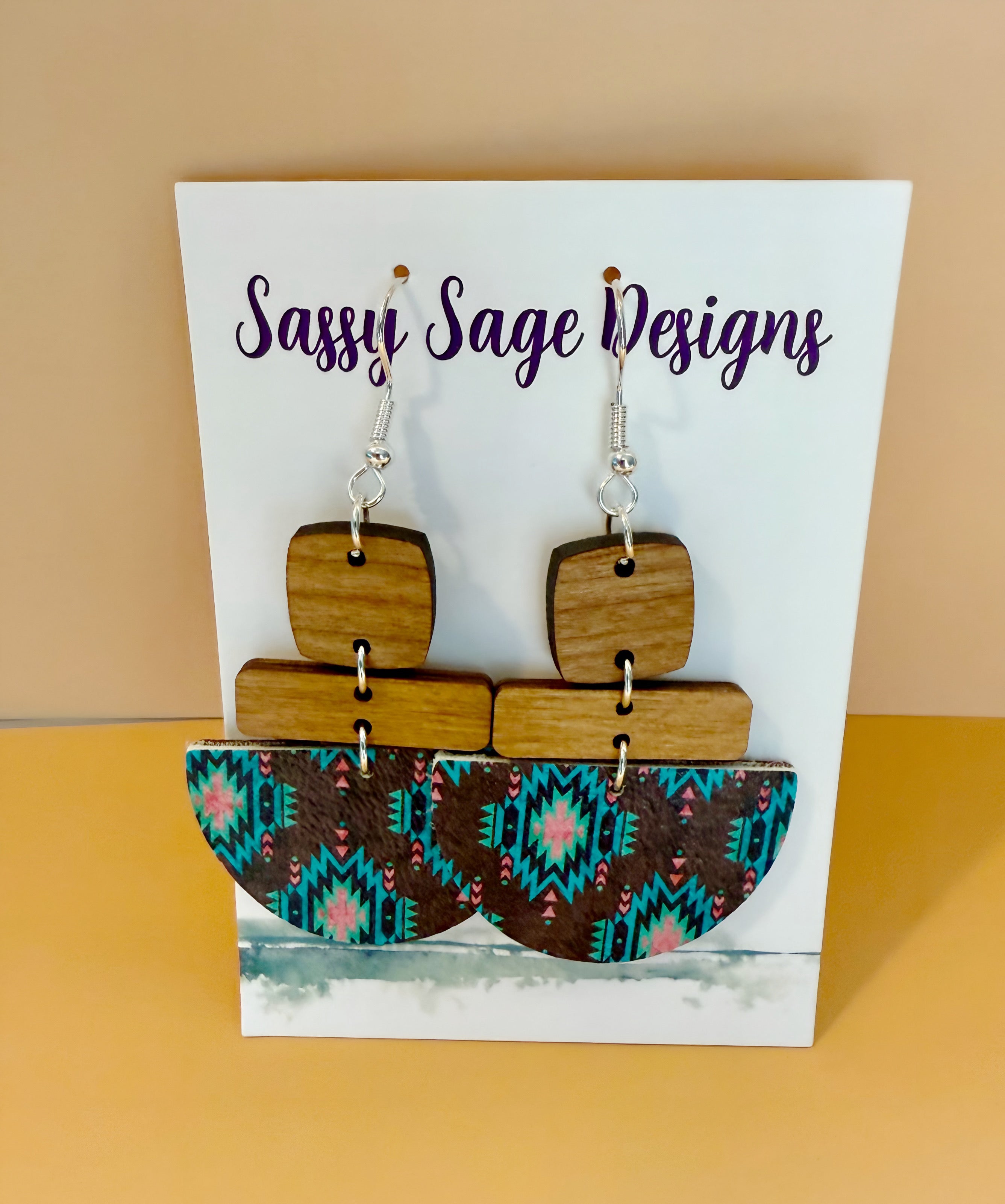 Brown and Turquoise Aztec Faux Leather Earrings Earrings Sassy Sage